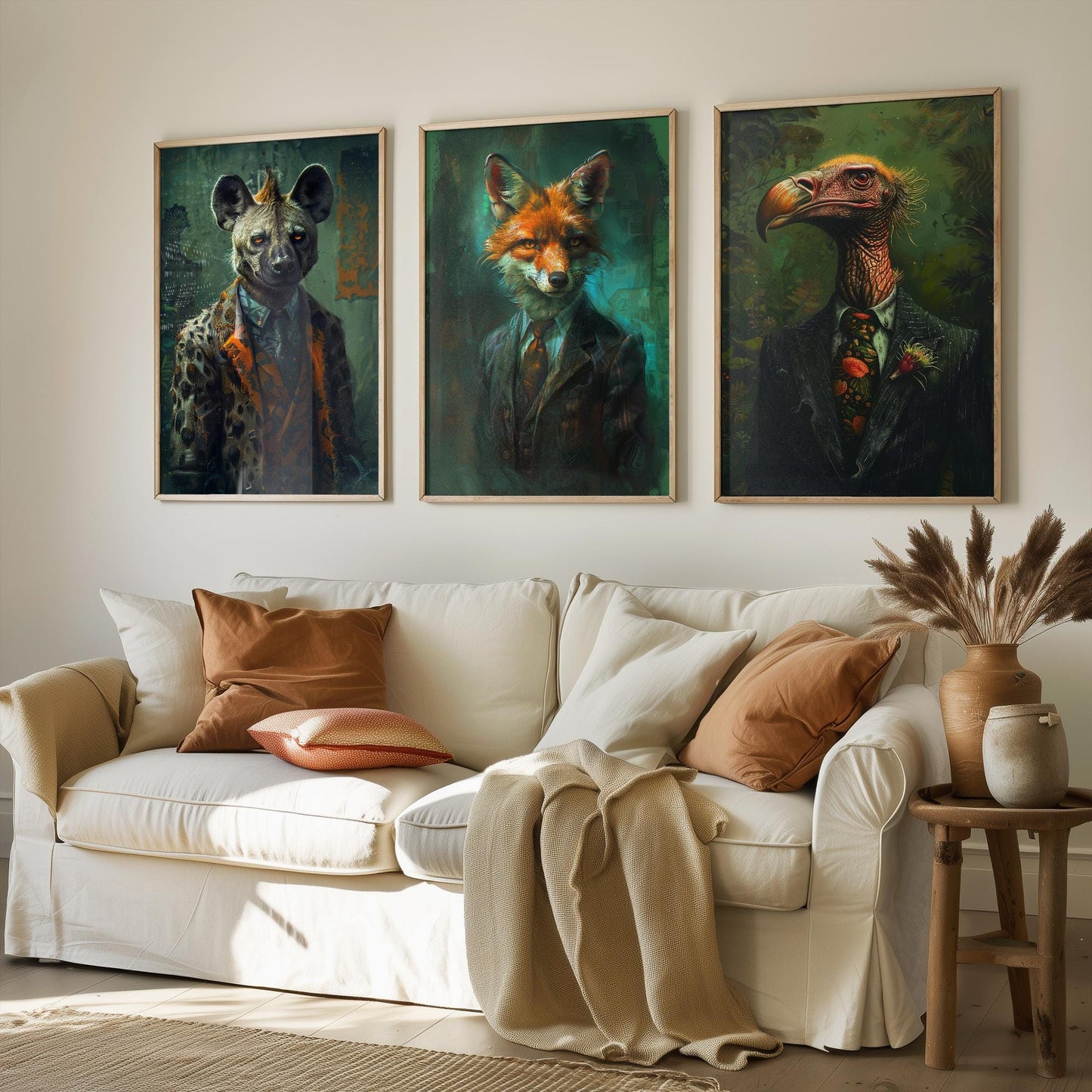 Set of Three Scavenger Animals Wearing Suits Posters - 3 Hyena, Jackal, Vulture Art Prints - Photo Painting Wall Meat Eater Carnivores