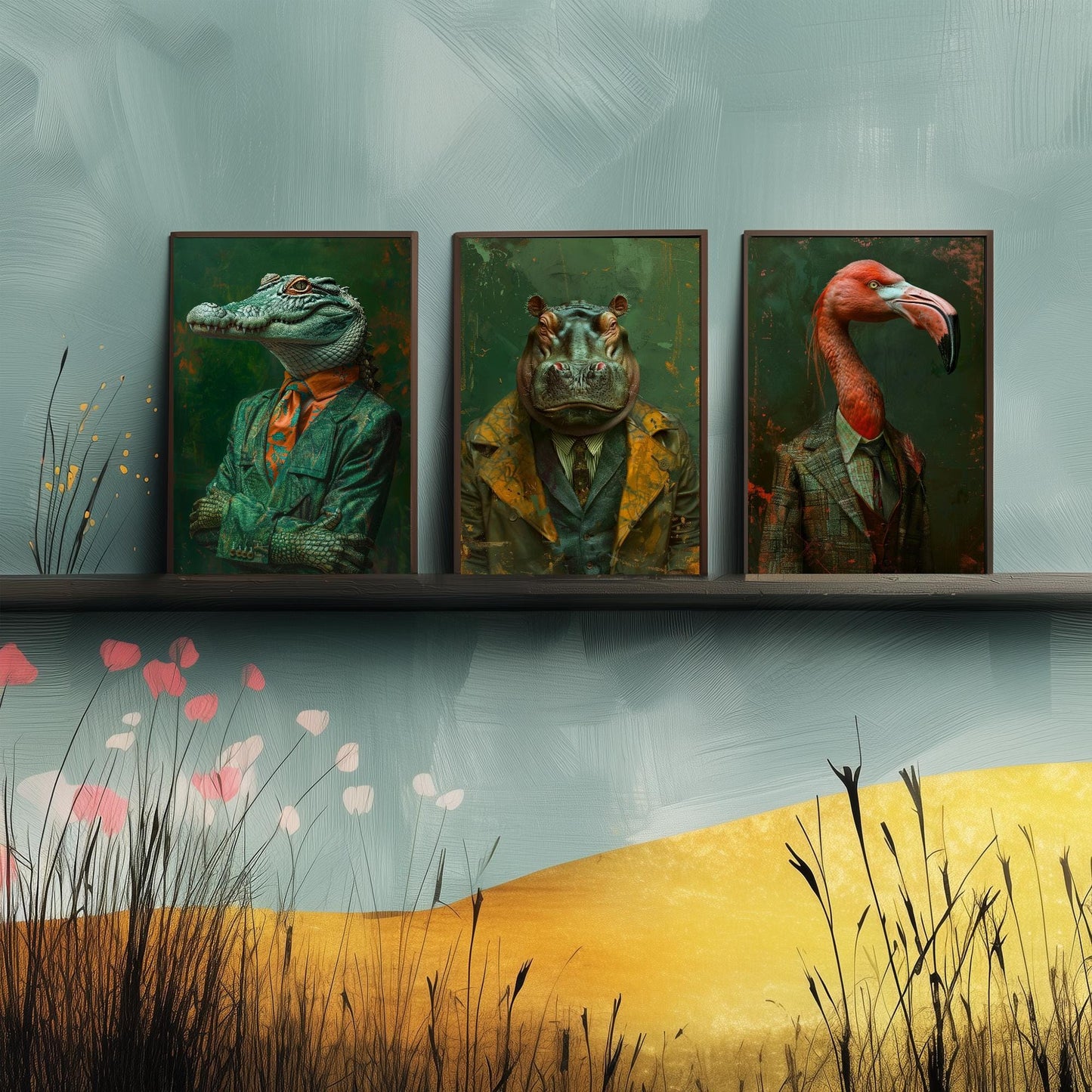 Set of Three Wild Riverbank Animals Wearing Suits Posters - 3 Crocodile, Hippo, Flamingo Art Prints - Photo Painting Wall Jungle Safari