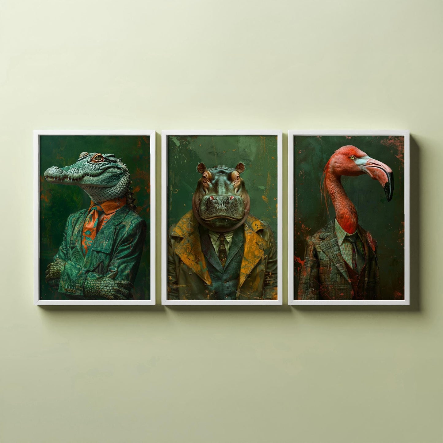 Set of Three Wild Riverbank Animals Wearing Suits Posters - 3 Crocodile, Hippo, Flamingo Art Prints - Photo Painting Wall Jungle Safari