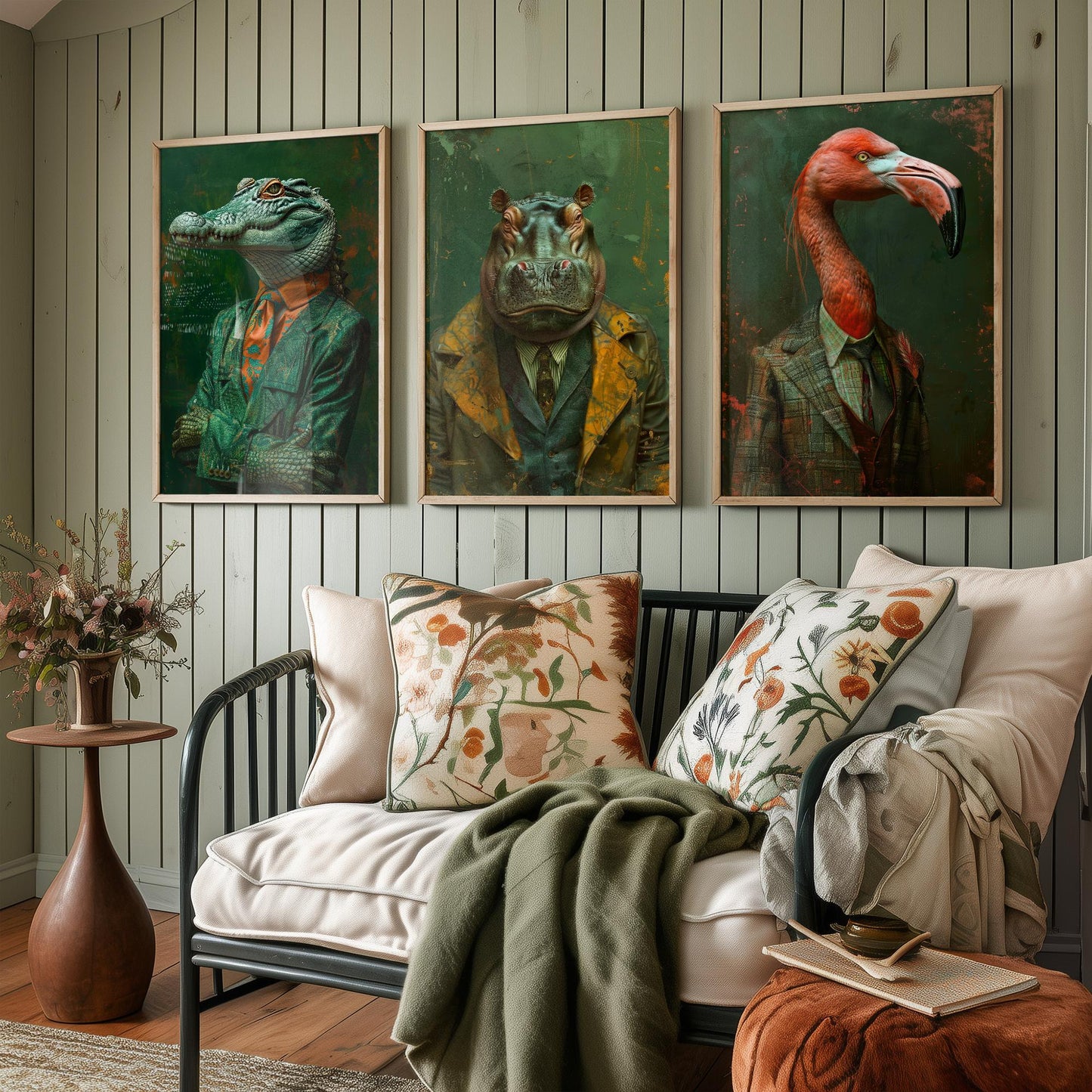Set of Three Wild Riverbank Animals Wearing Suits Posters - 3 Crocodile, Hippo, Flamingo Art Prints - Photo Painting Wall Jungle Safari