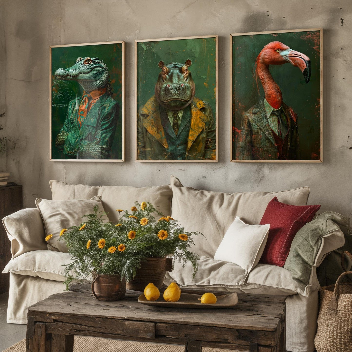 Set of Three Wild Riverbank Animals Wearing Suits Posters - 3 Crocodile, Hippo, Flamingo Art Prints - Photo Painting Wall Jungle Safari