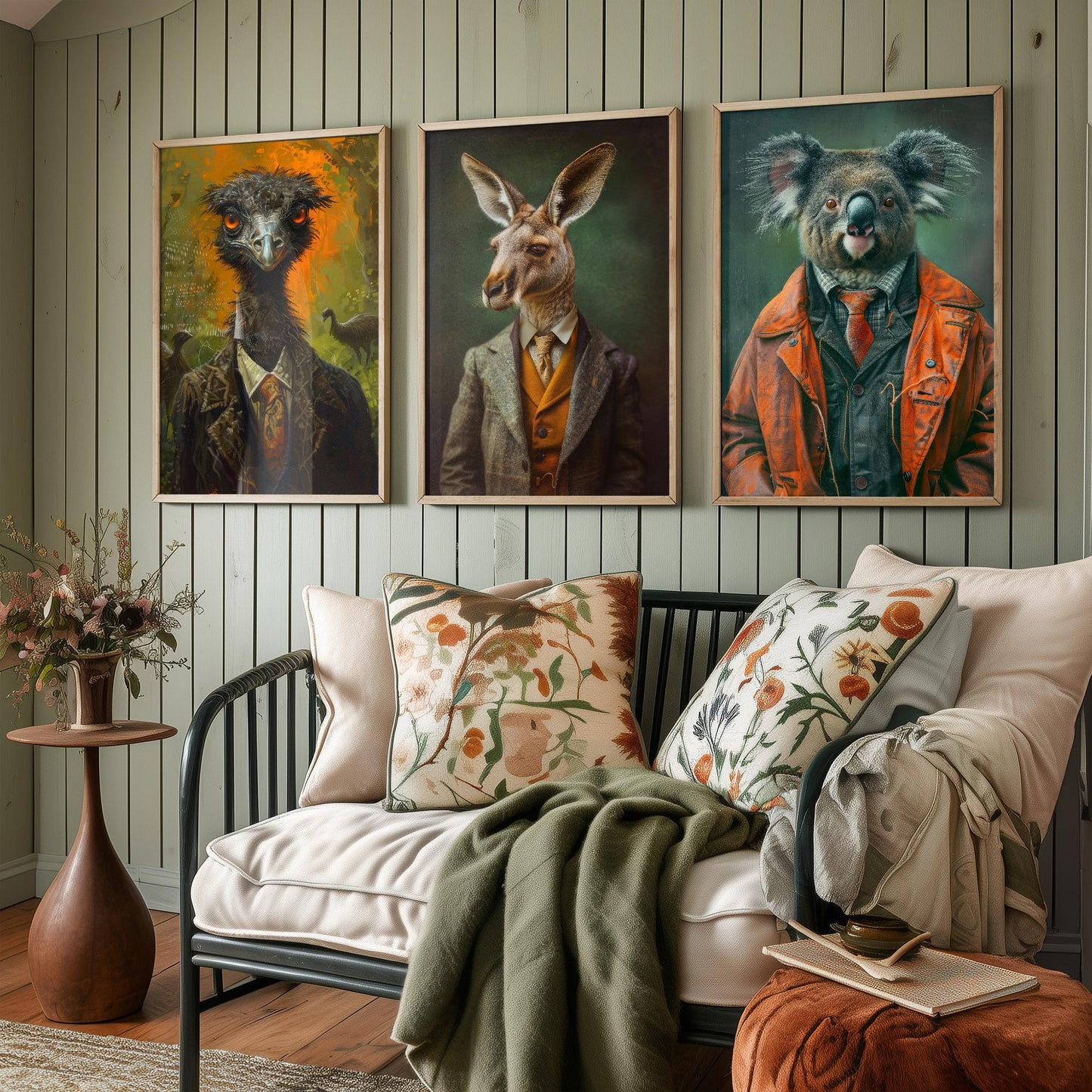 Set of Three Iconic Australian Animals Wearing Suits Posters - 3 Emu, Kangaroo, Koala Art Prints - Photo Painting Wall Oz Outback