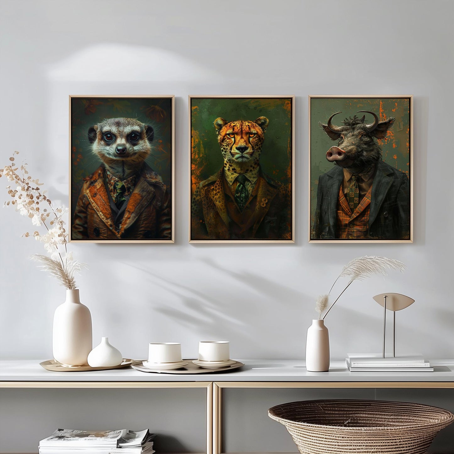 Set of Three Playful but Tough Animals Wearing Suits Posters - 3 Meerkat, Cheetah, Warthog Art Prints - Photo Painting Wall Oz Outback