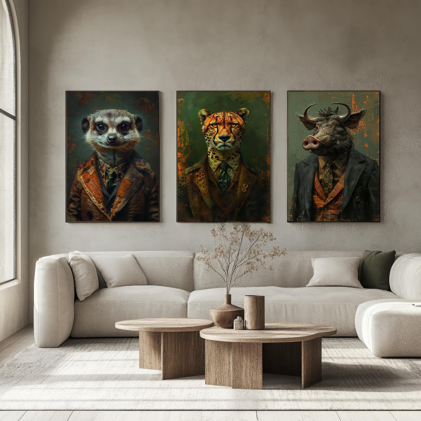 Set of Three Playful but Tough Animals Wearing Suits Posters - 3 Meerkat, Cheetah, Warthog Art Prints - Photo Painting Wall Oz Outback