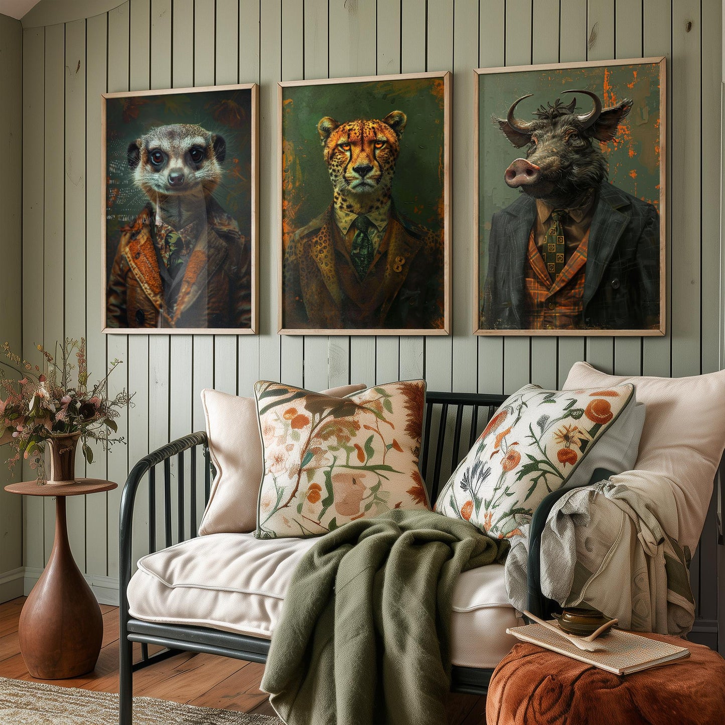 Set of Three Playful but Tough Animals Wearing Suits Posters - 3 Meerkat, Cheetah, Warthog Art Prints - Photo Painting Wall Oz Outback