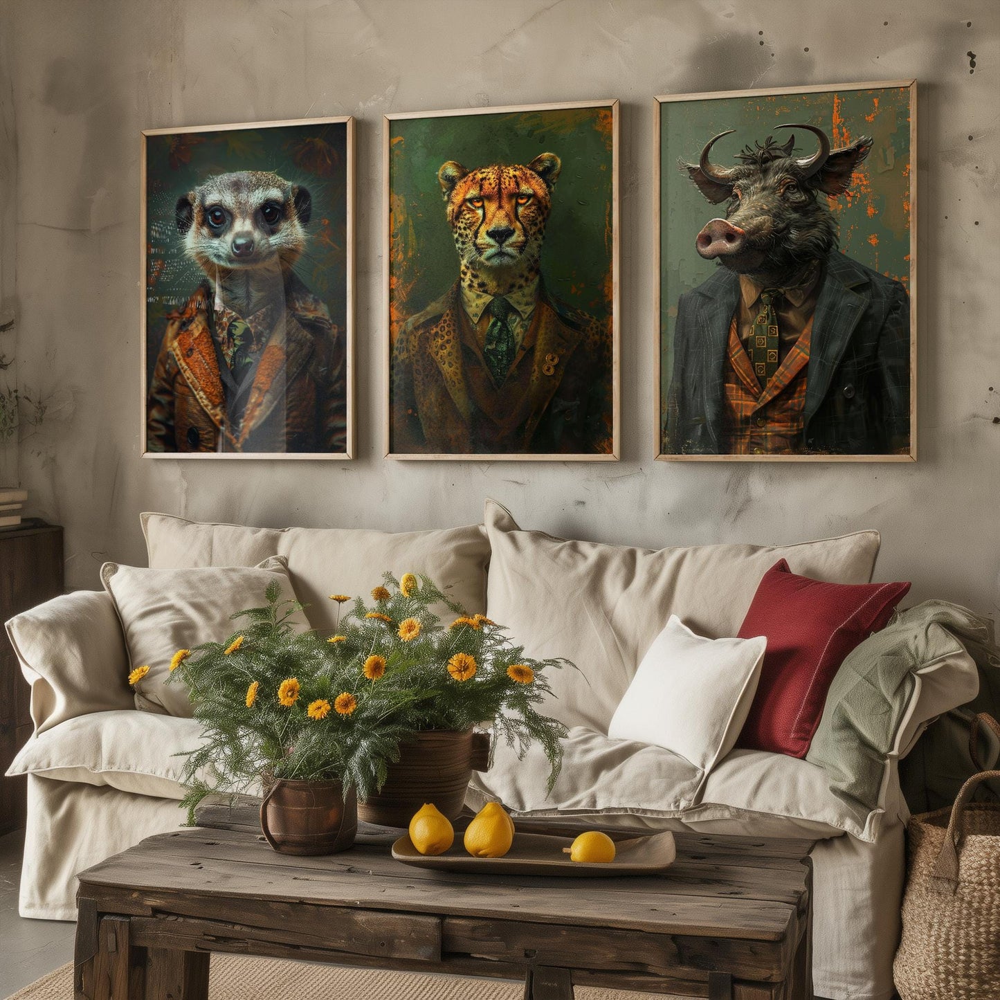 Set of Three Playful but Tough Animals Wearing Suits Posters - 3 Meerkat, Cheetah, Warthog Art Prints - Photo Painting Wall Oz Outback