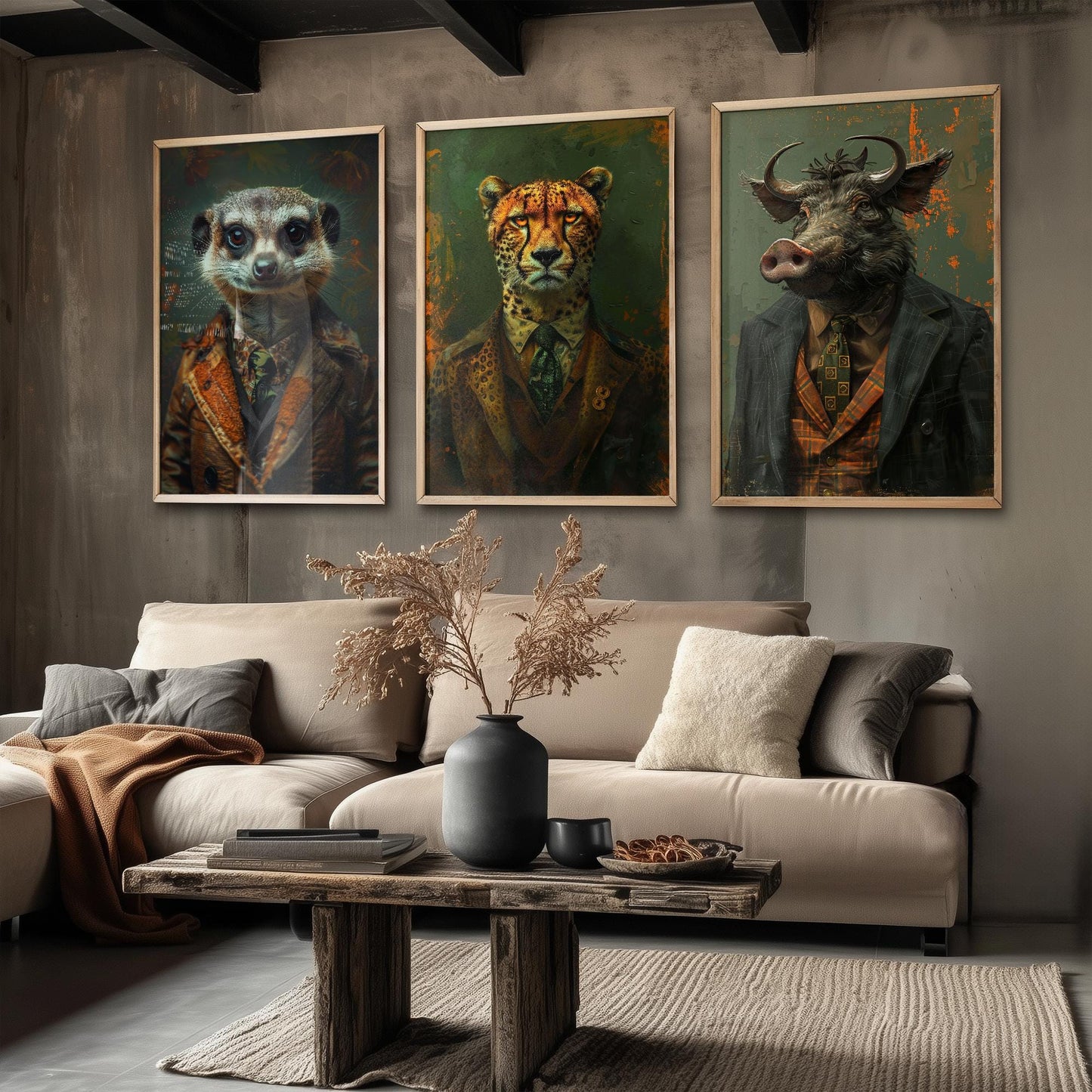 Set of Three Playful but Tough Animals Wearing Suits Posters - 3 Meerkat, Cheetah, Warthog Art Prints - Photo Painting Wall Oz Outback