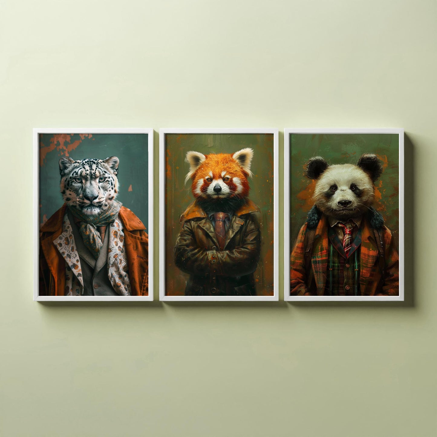 Set of Three Asian Mountain Animals Wearing Suits Posters - 3 Snow Leopard, Red Panda, Panda Art Prints - Photo Painting Wall Cute Bamboo