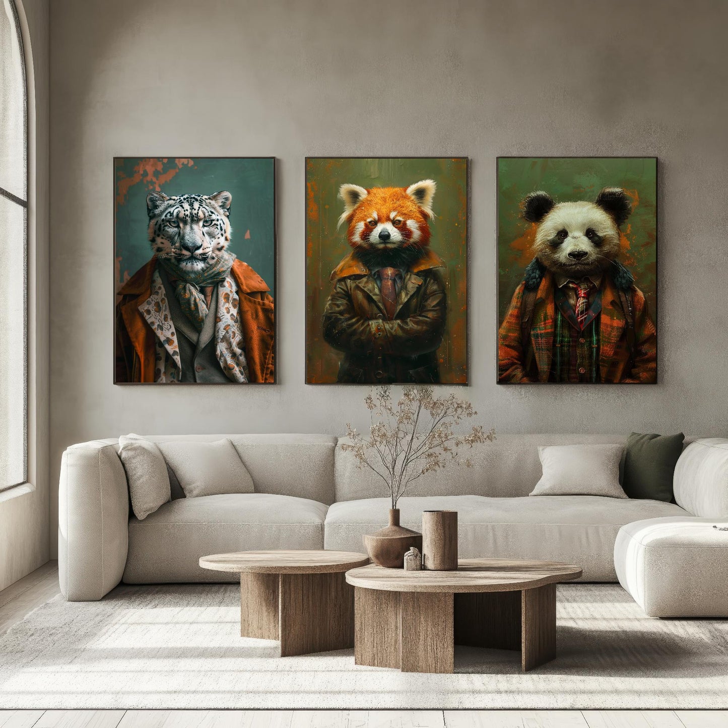 Set of Three Asian Mountain Animals Wearing Suits Posters - 3 Snow Leopard, Red Panda, Panda Art Prints - Photo Painting Wall Cute Bamboo