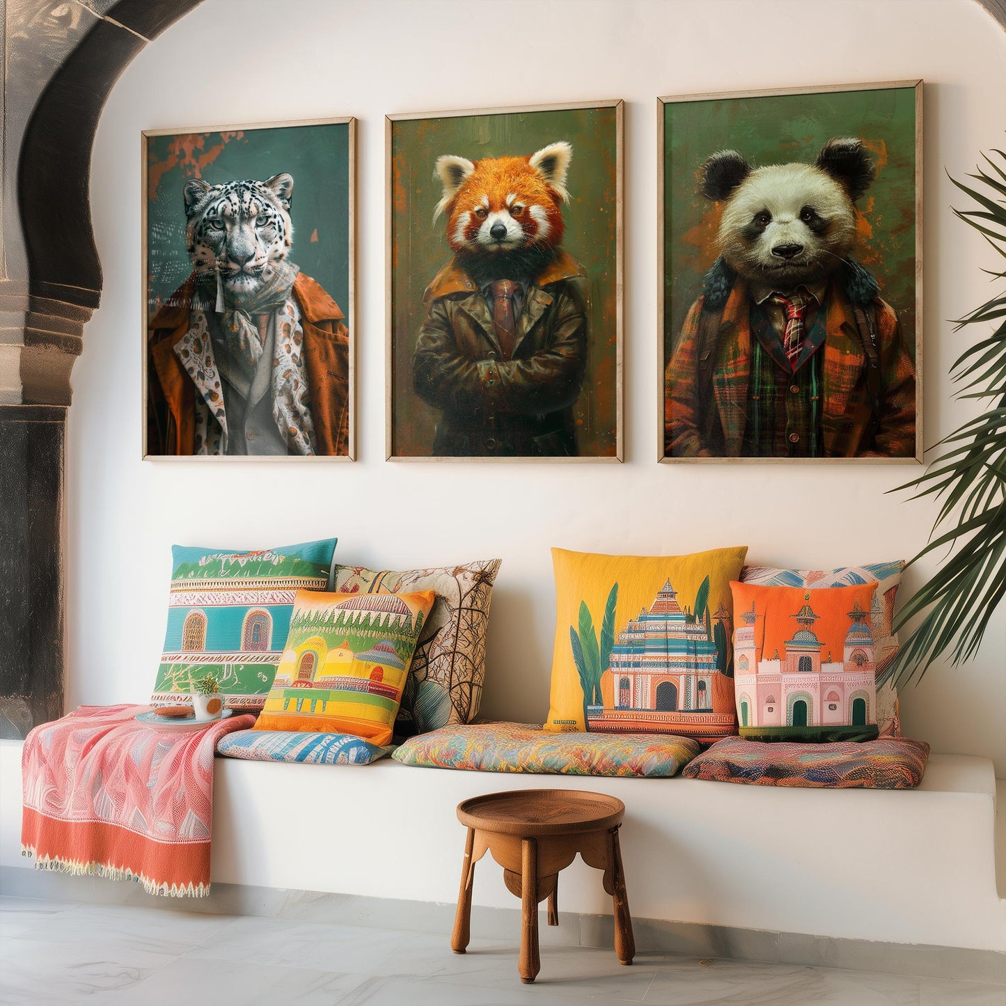 Set of Three Asian Mountain Animals Wearing Suits Posters - 3 Snow Leopard, Red Panda, Panda Art Prints - Photo Painting Wall Cute Bamboo