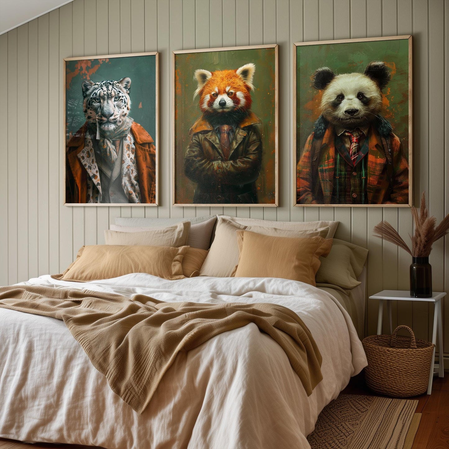 Set of Three Asian Mountain Animals Wearing Suits Posters - 3 Snow Leopard, Red Panda, Panda Art Prints - Photo Painting Wall Cute Bamboo