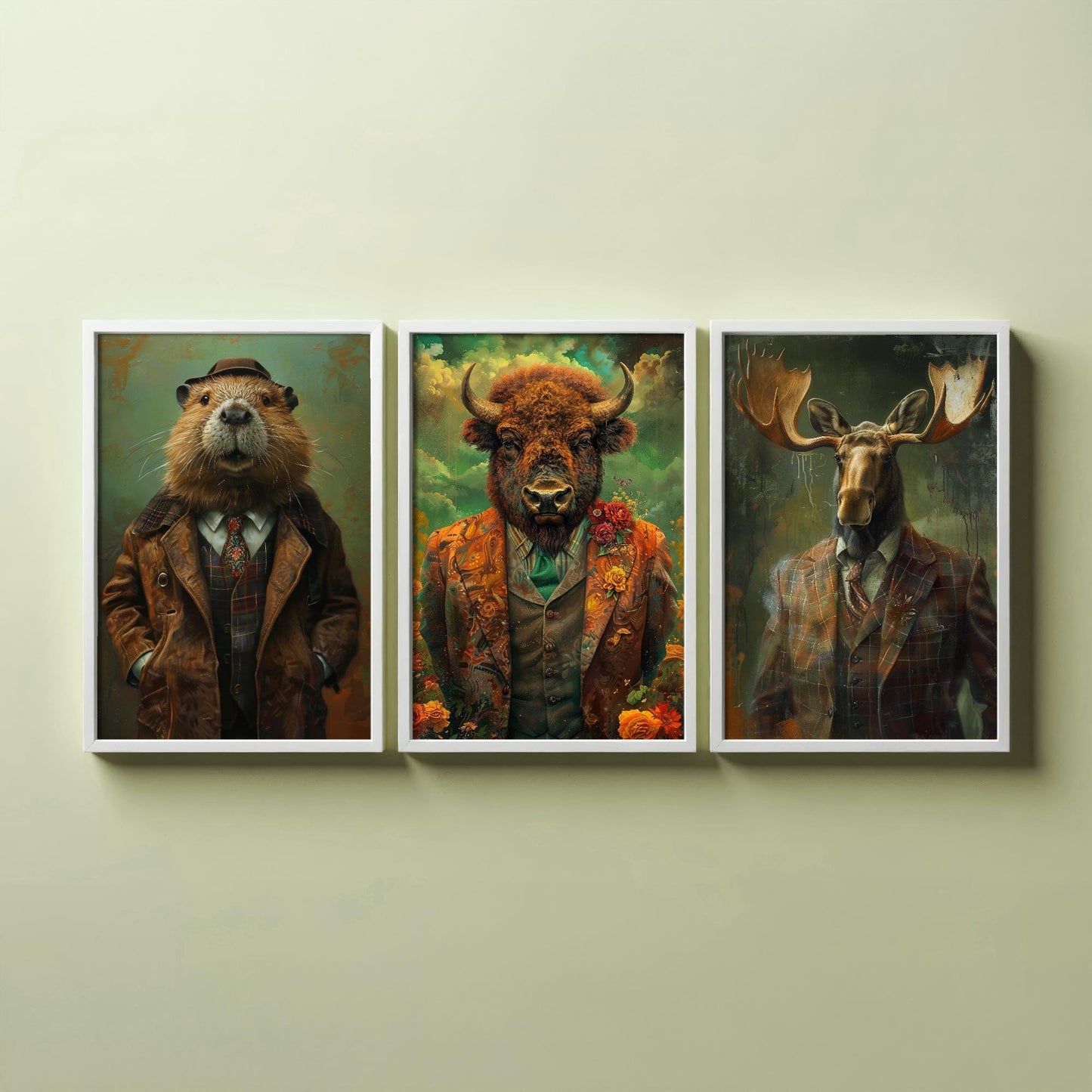 Set of Three North American Wilderness Animals Wearing Suits Posters - 3 Beaver, Bison, Moose Art Prints - Photo Painting Wall Dam Antlers