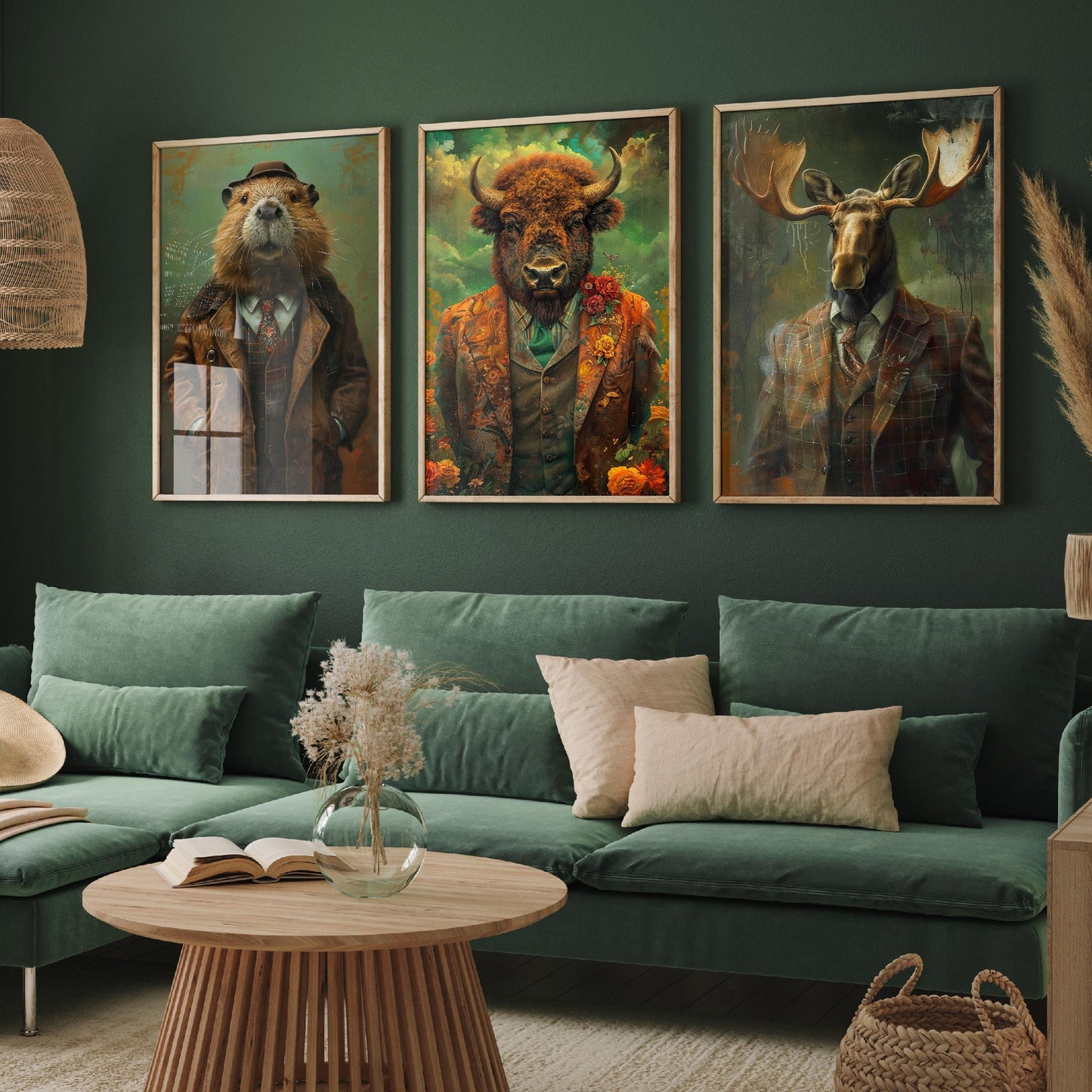 Set of Three North American Wilderness Animals Wearing Suits Posters - 3 Beaver, Bison, Moose Art Prints - Photo Painting Wall Dam Antlers