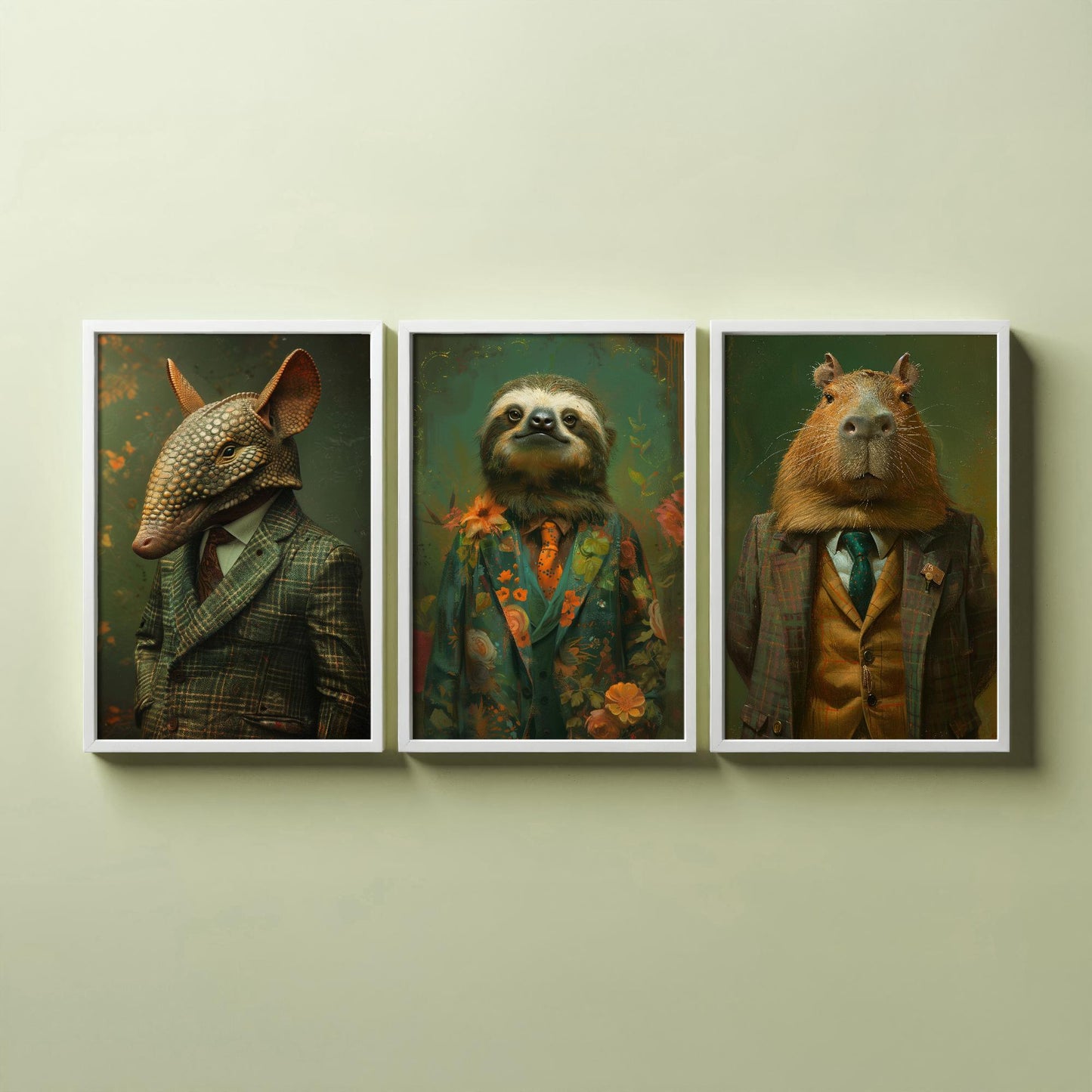 Set of Three Mellow South American Animals Wearing Suits Posters - 3 Armadillo, Sloth, Capybara Art Prints - Photo Painting Wall Flow Cute