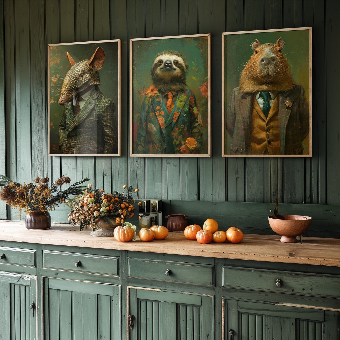 Set of Three Mellow South American Animals Wearing Suits Posters - 3 Armadillo, Sloth, Capybara Art Prints - Photo Painting Wall Flow Cute