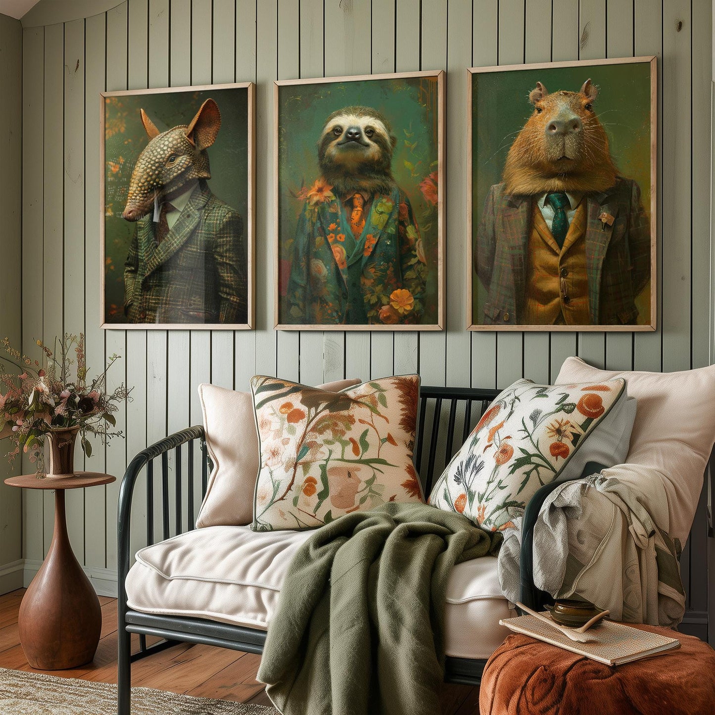 Set of Three Mellow South American Animals Wearing Suits Posters - 3 Armadillo, Sloth, Capybara Art Prints - Photo Painting Wall Flow Cute