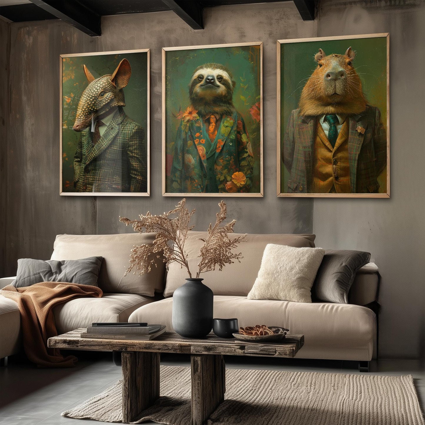 Set of Three Mellow South American Animals Wearing Suits Posters - 3 Armadillo, Sloth, Capybara Art Prints - Photo Painting Wall Flow Cute