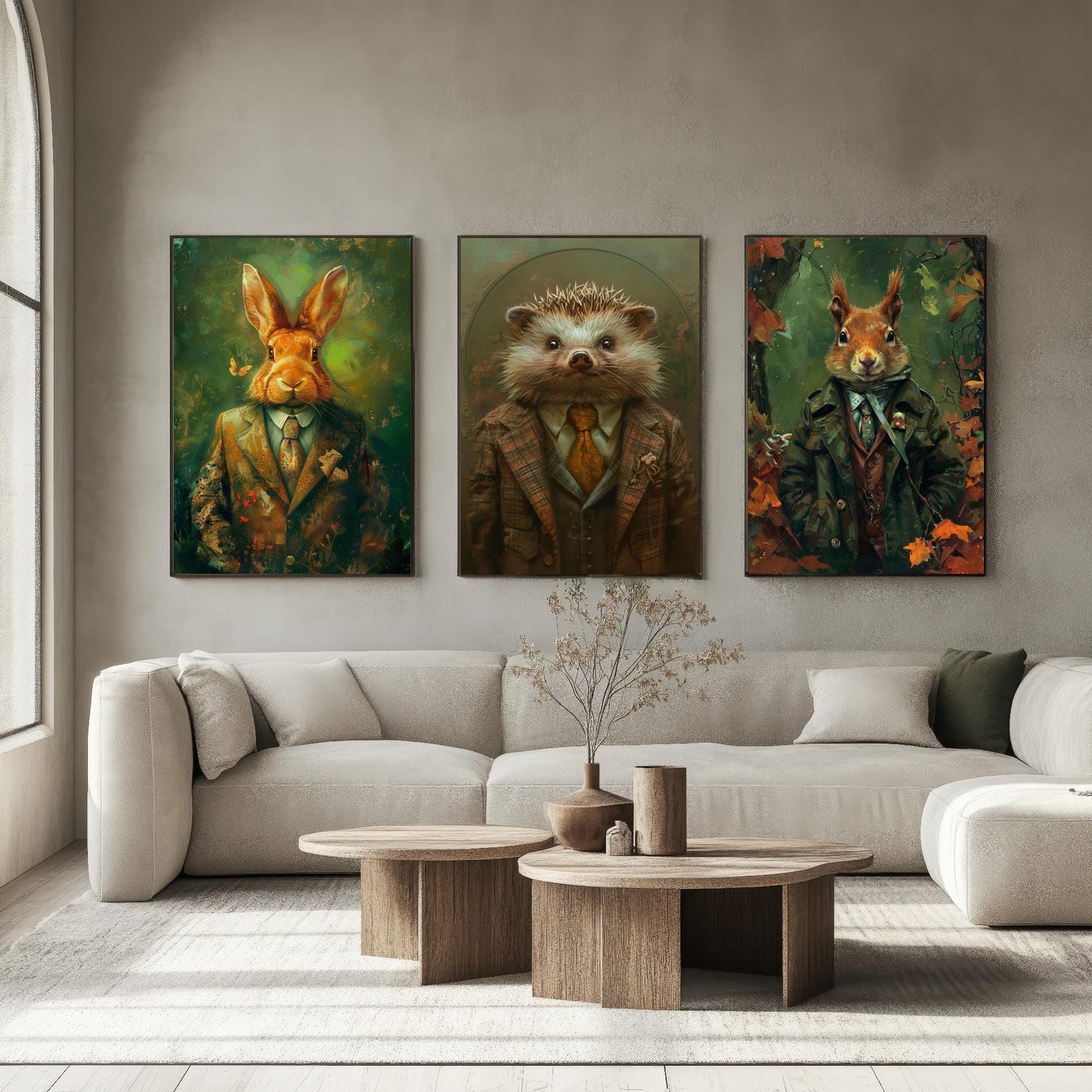 Set of Three Woodland Charmers Animals Wearing Suits Posters - 3 Rabbit, Hedgehog, Squirrel Art Prints - Photo Painting Wall Cosy Appeal