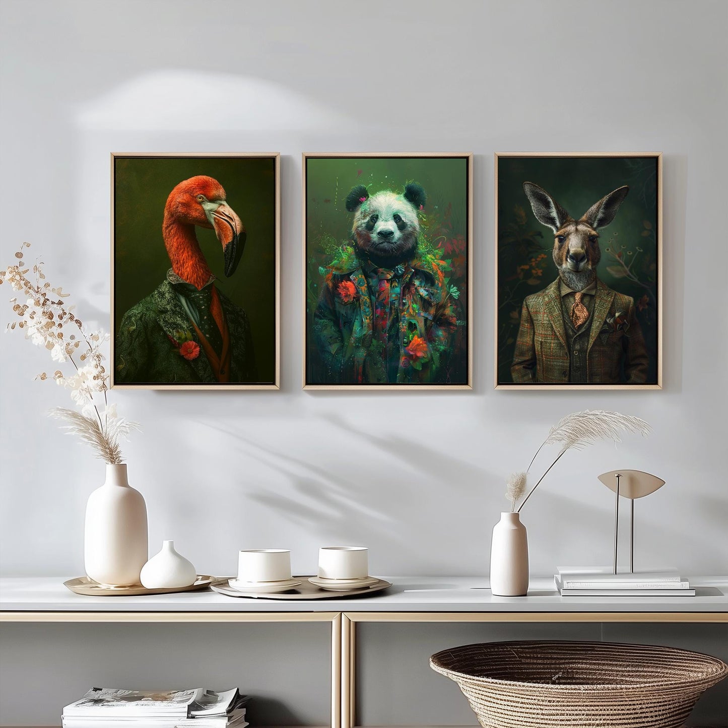 Flamingo, Panda and Kangaroo Set of Three Animals Wearing Suits Posters - 3 Art Prints - Photo Painting Wall Cute Iconic Creatures Bamboo