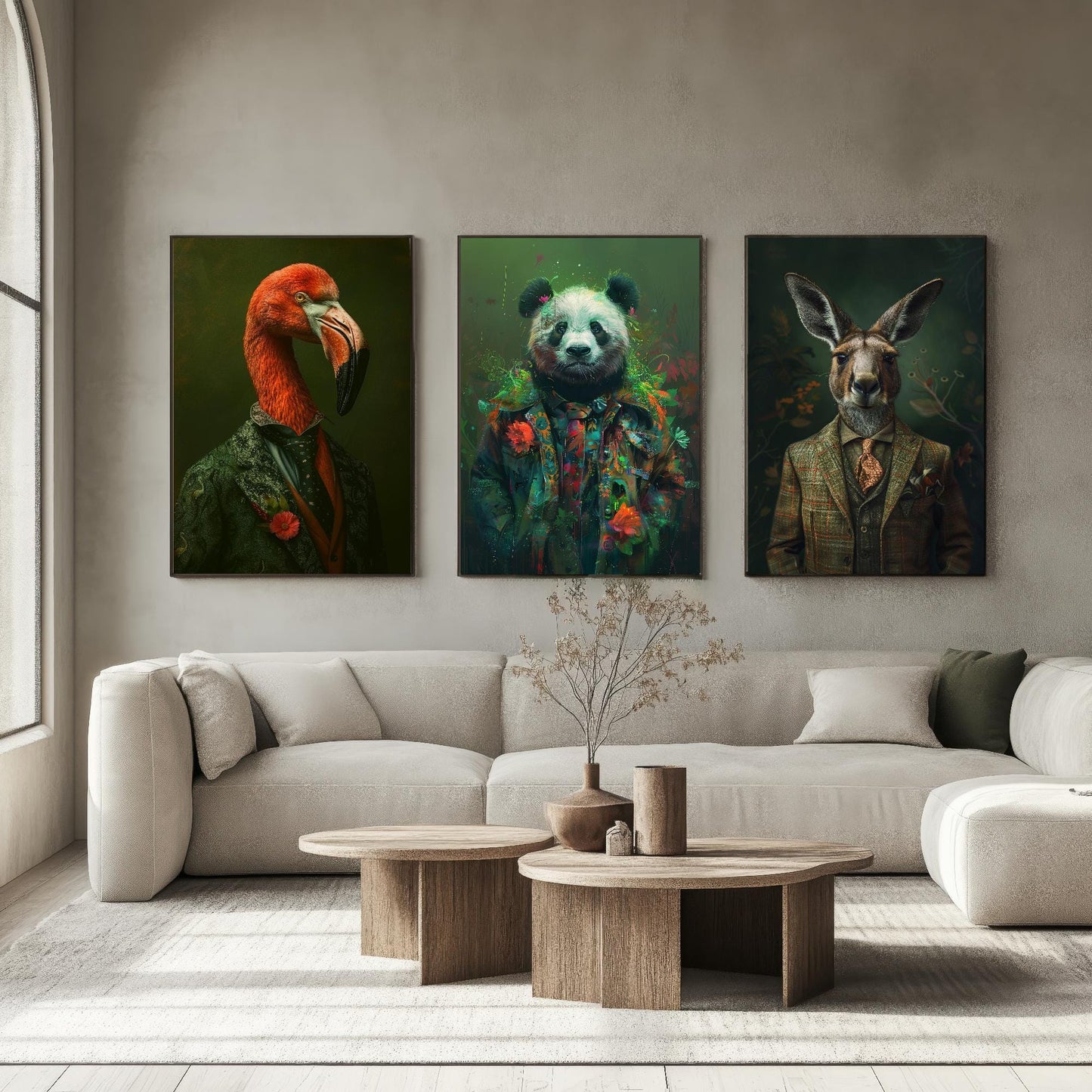 Flamingo, Panda and Kangaroo Set of Three Animals Wearing Suits Posters - 3 Art Prints - Photo Painting Wall Cute Iconic Creatures Bamboo