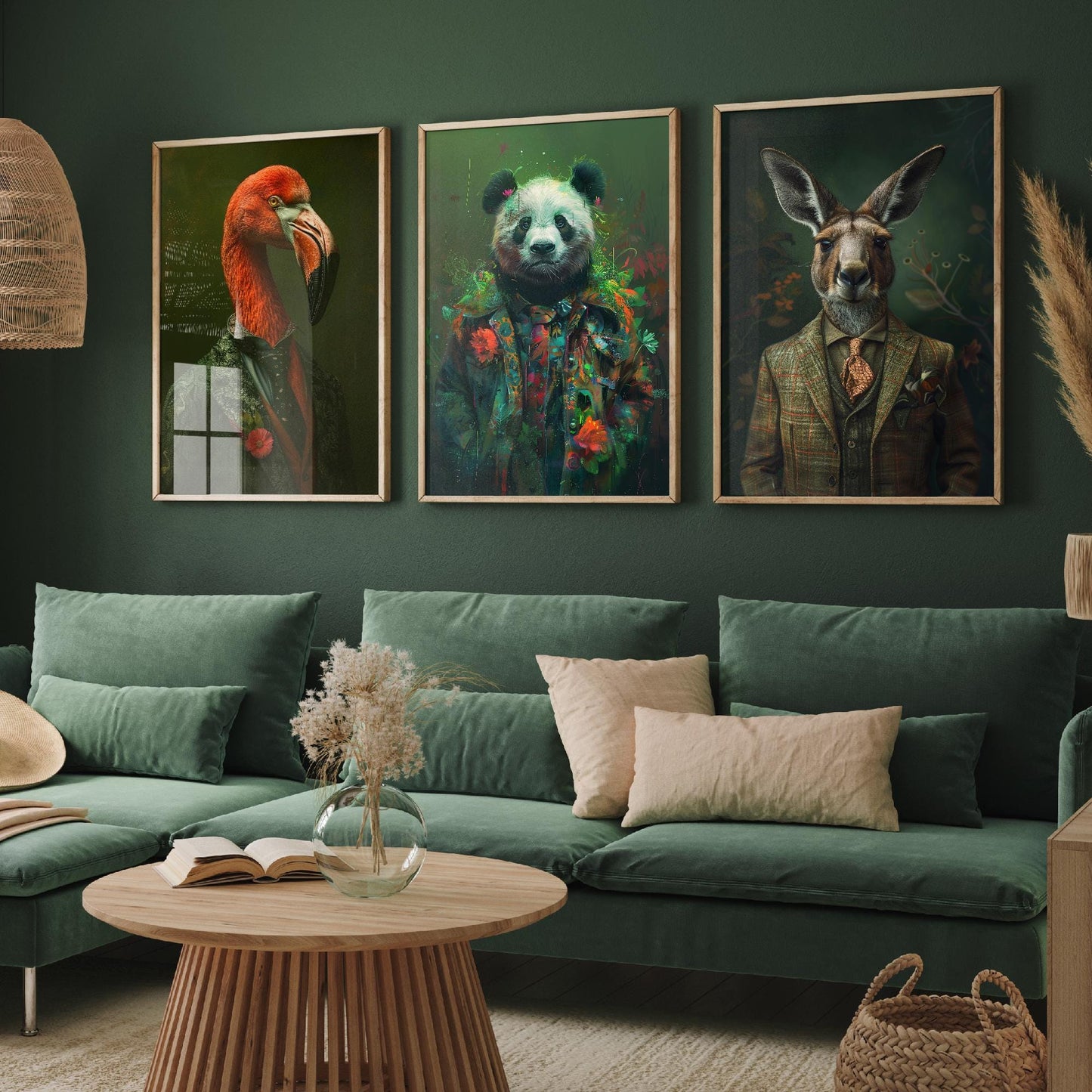 Flamingo, Panda and Kangaroo Set of Three Animals Wearing Suits Posters - 3 Art Prints - Photo Painting Wall Cute Iconic Creatures Bamboo