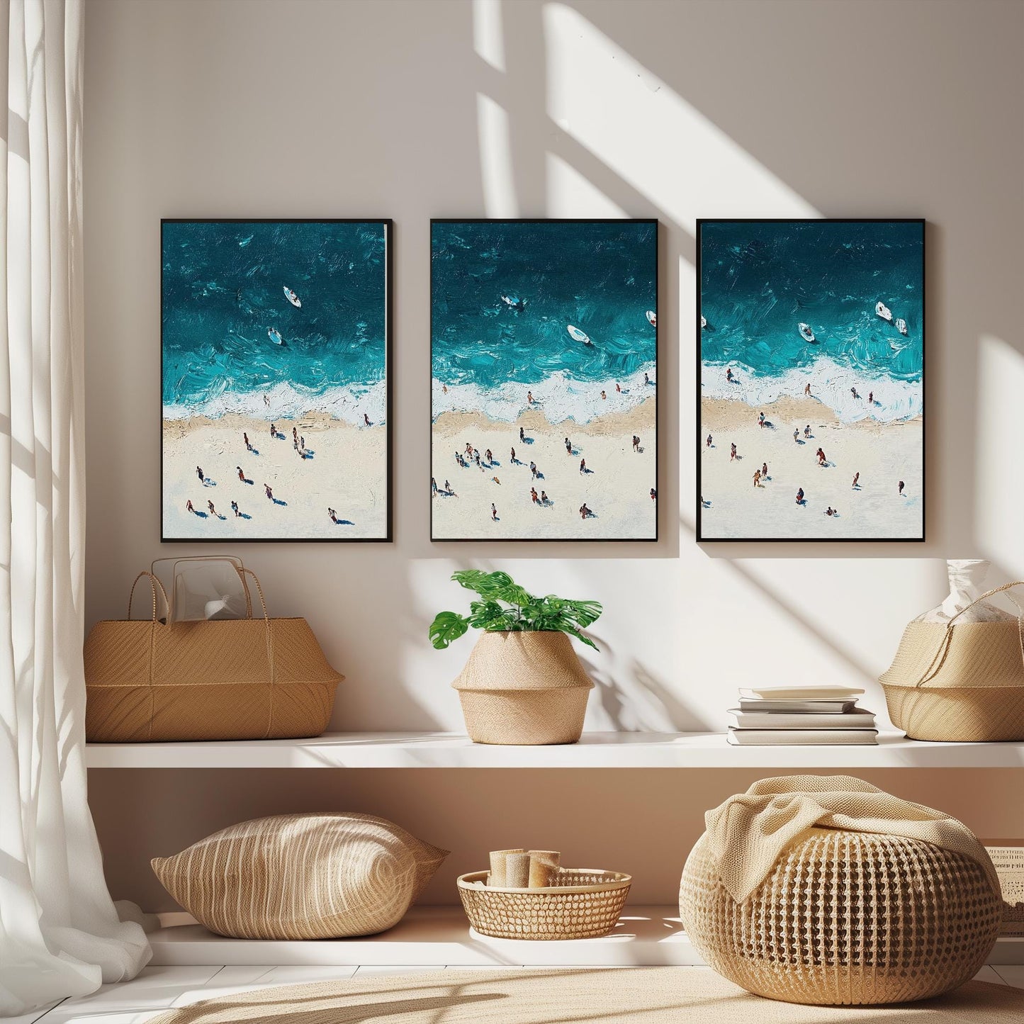 Aerial View of Portobello Beach Set of Three Posters - Populated Illustration of Ocean - 3 Art Prints Painting Sand Waves Edinburgh Scotland