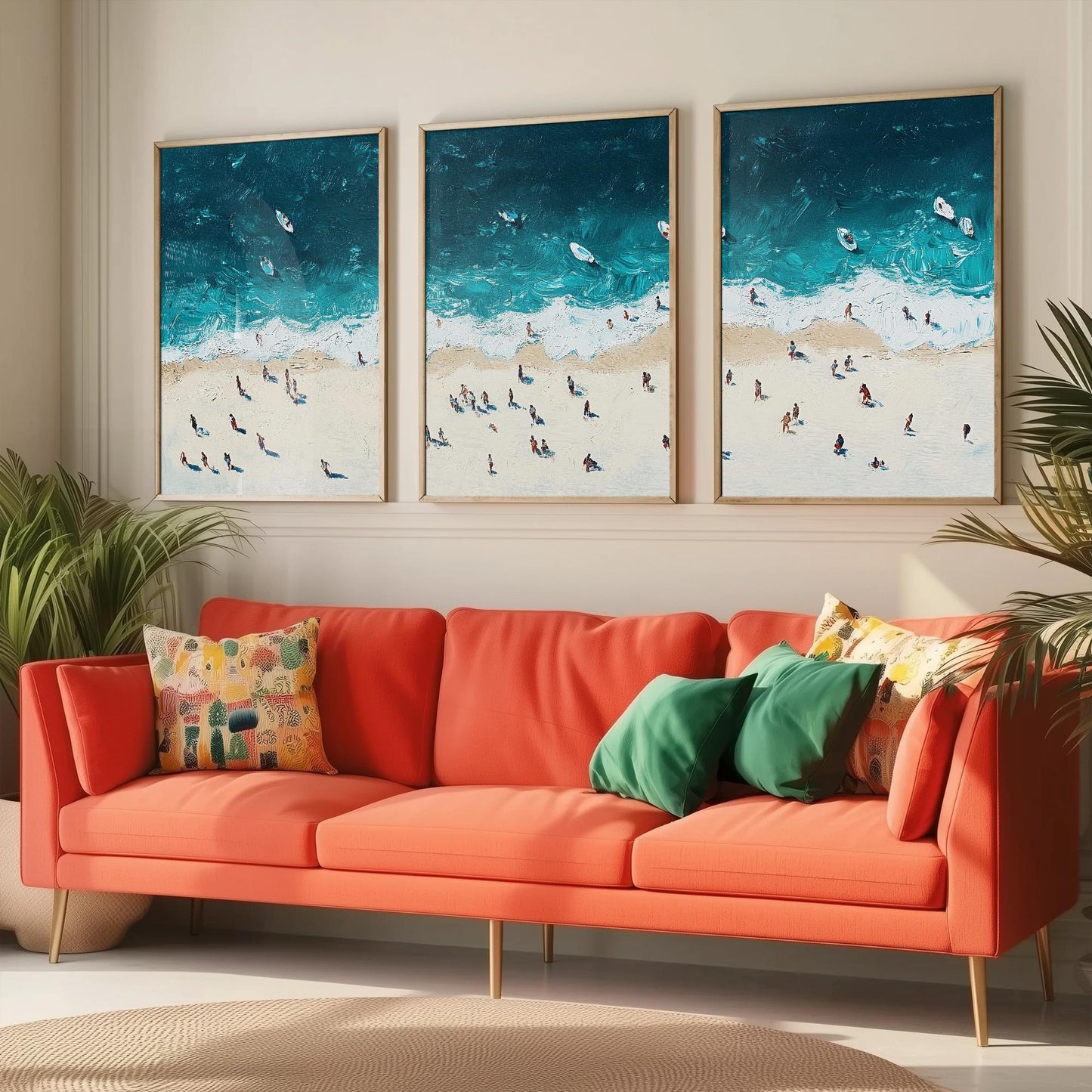 Aerial View of Portobello Beach Set of Three Posters - Populated Illustration of Ocean - 3 Art Prints Painting Sand Waves Edinburgh Scotland