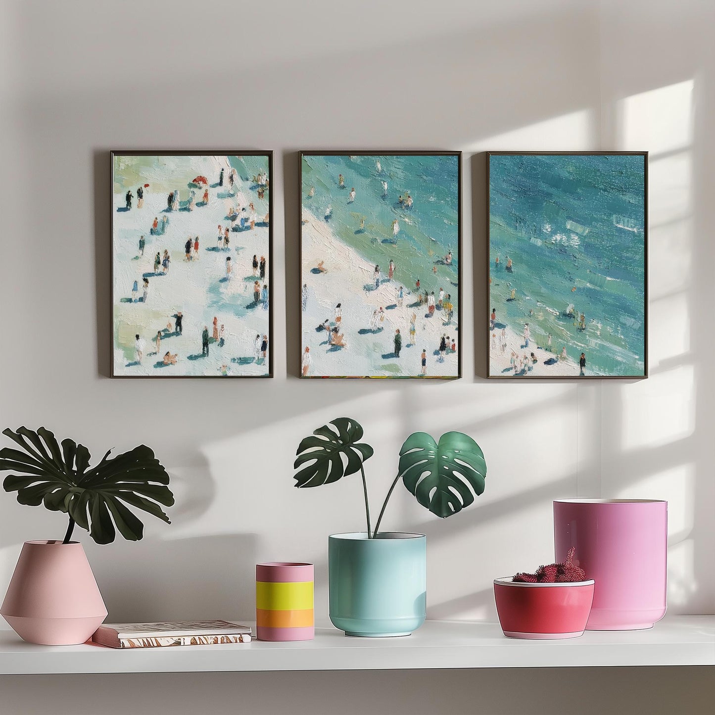 Aerial View of Whitby Beach Set of Three Posters - Populated Illustration of Ocean - 3 Art Prints Painting Sand Waves North Yorkshire