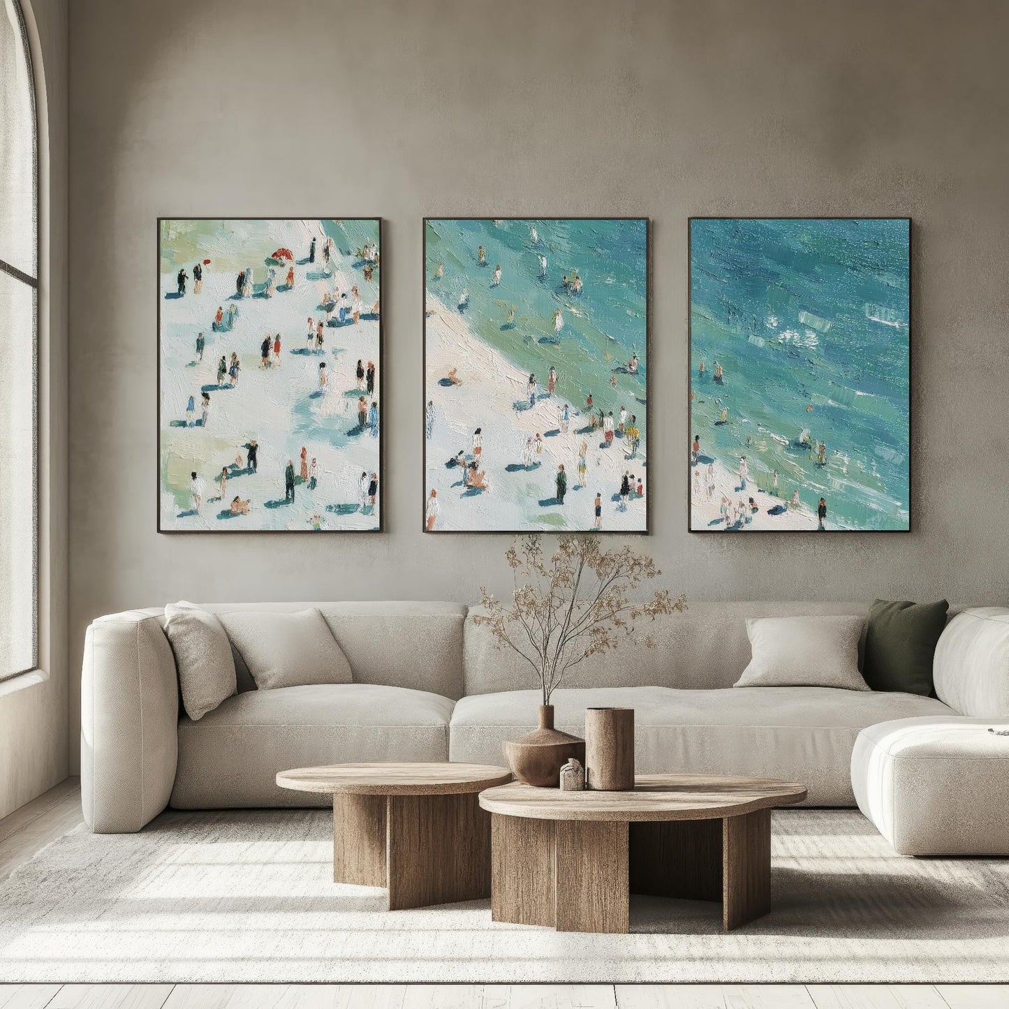 Aerial View of Whitby Beach Set of Three Posters - Populated Illustration of Ocean - 3 Art Prints Painting Sand Waves North Yorkshire