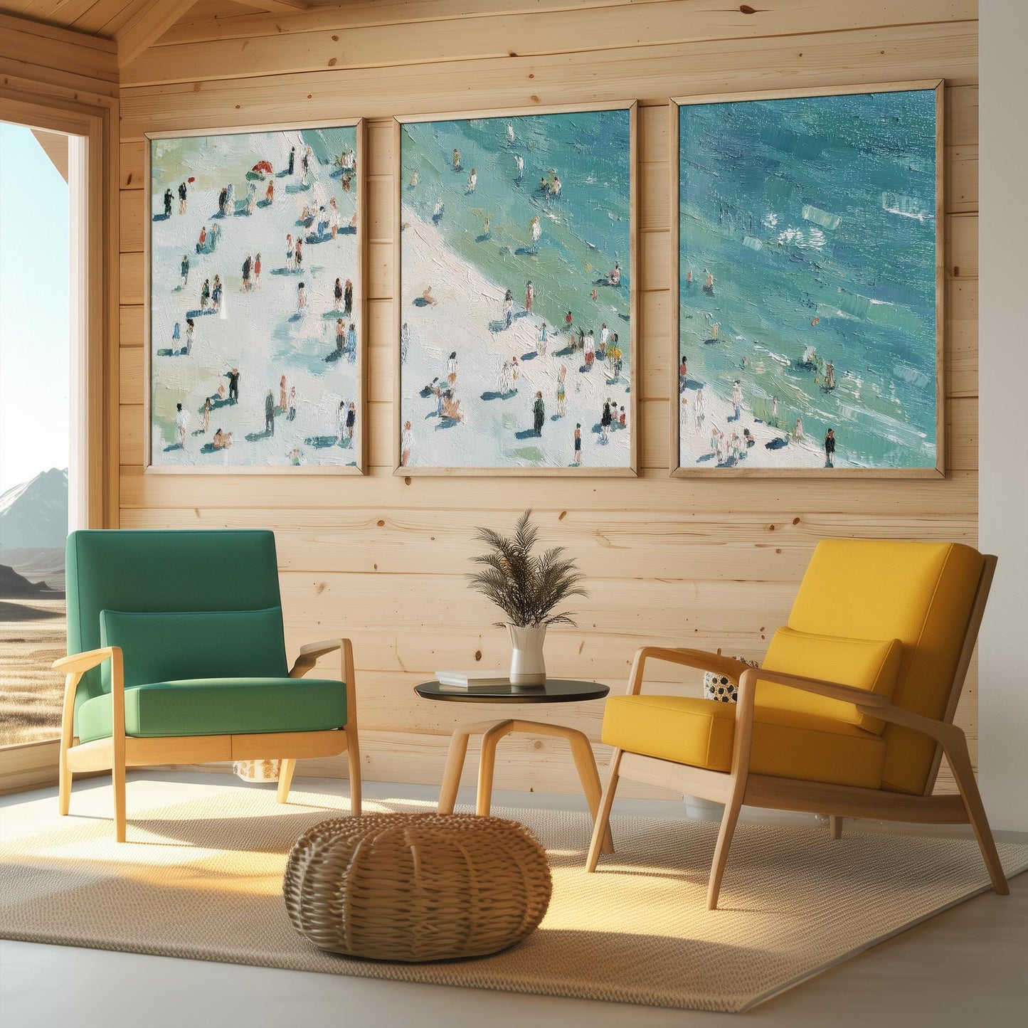Aerial View of Whitby Beach Set of Three Posters - Populated Illustration of Ocean - 3 Art Prints Painting Sand Waves North Yorkshire