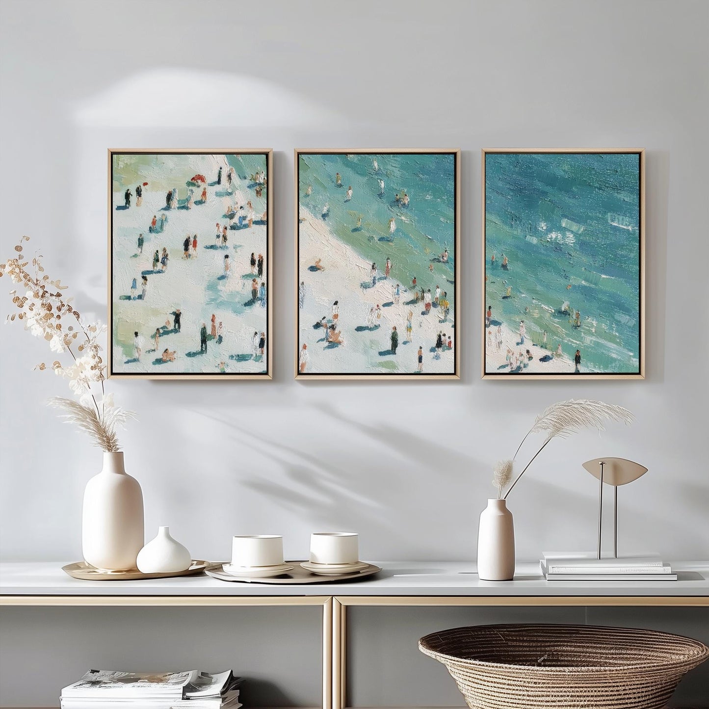 Aerial View of Whitby Beach Set of Three Posters - Populated Illustration of Ocean - 3 Art Prints Painting Sand Waves North Yorkshire