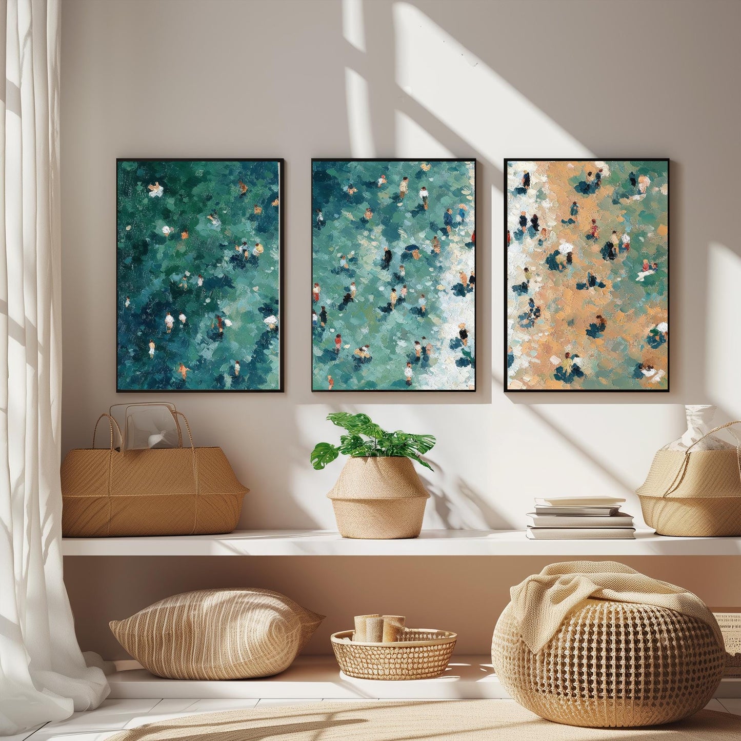 Aerial View of Camber Sands Beach Set of Three Posters - Populated Illustration of Ocean - 3 Art Prints Painting Sand Waves East Sussex Rye