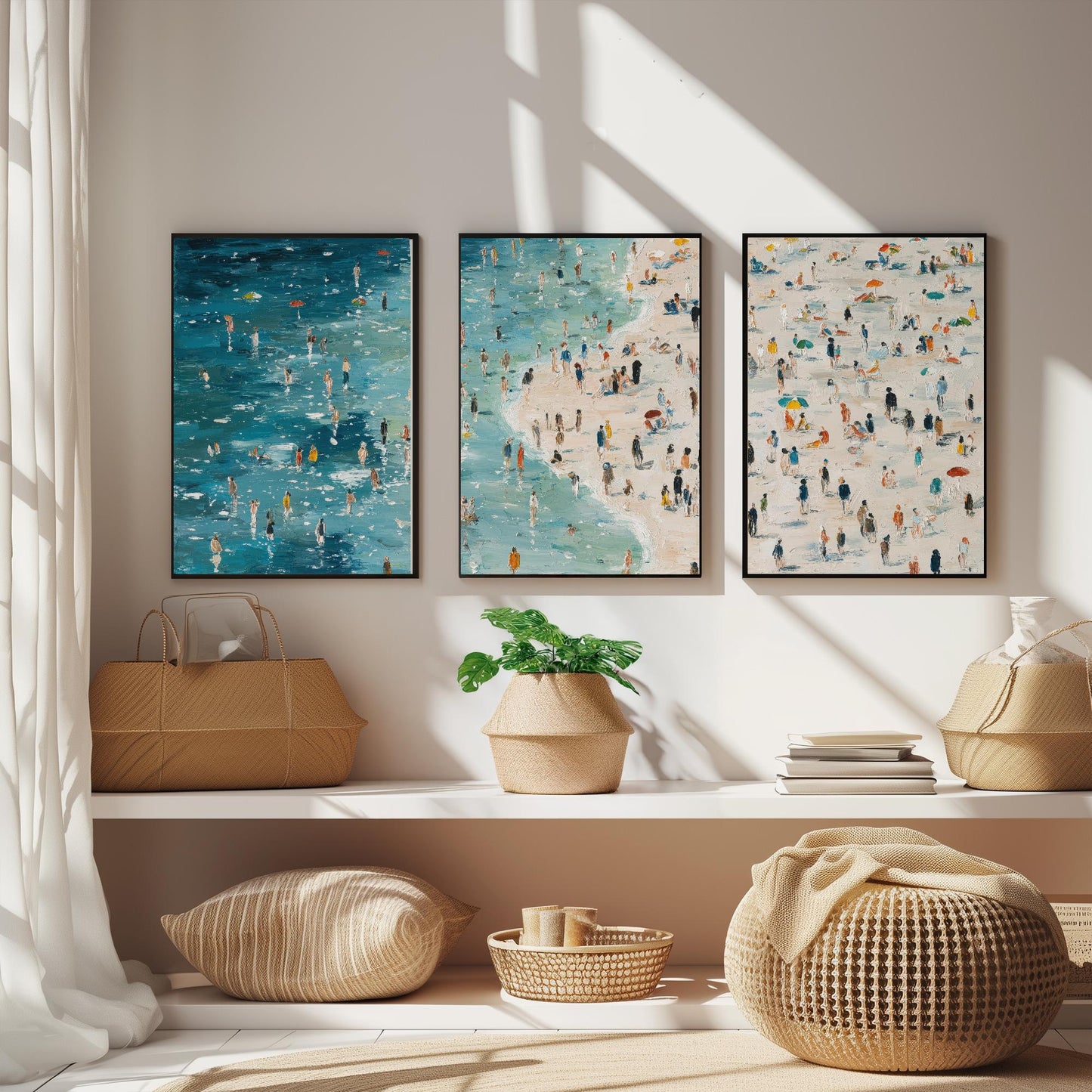 Aerial View of Aberystwyth South Beach Set of Three Posters - Populated Illustration of Ocean - 3 Art Prints Painting Sand Waves Wales