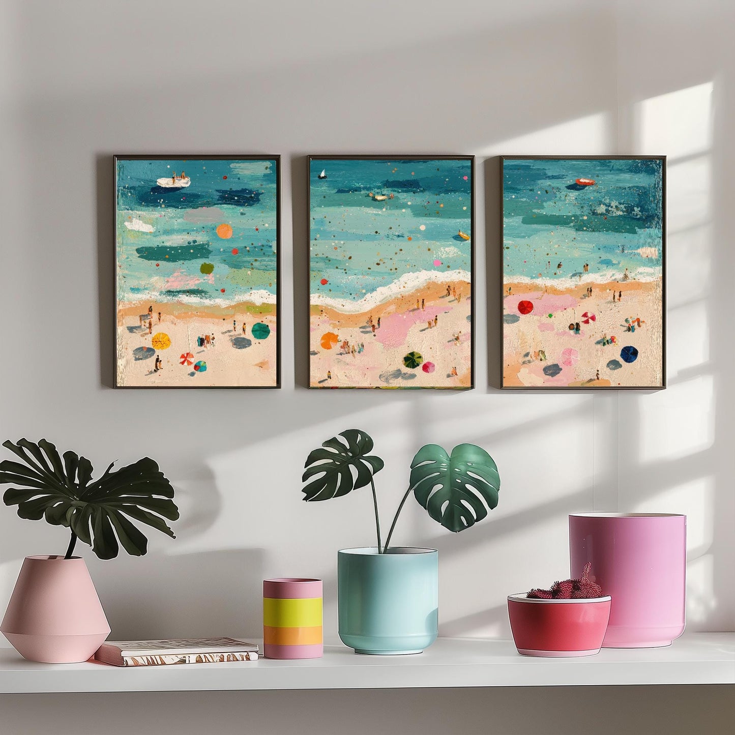 Aerial View of Great Yarmouth Beach Set of Three Posters - Populated Illustration of Ocean - 3 Art Prints Painting Sand Waves Hopton-on-Sea