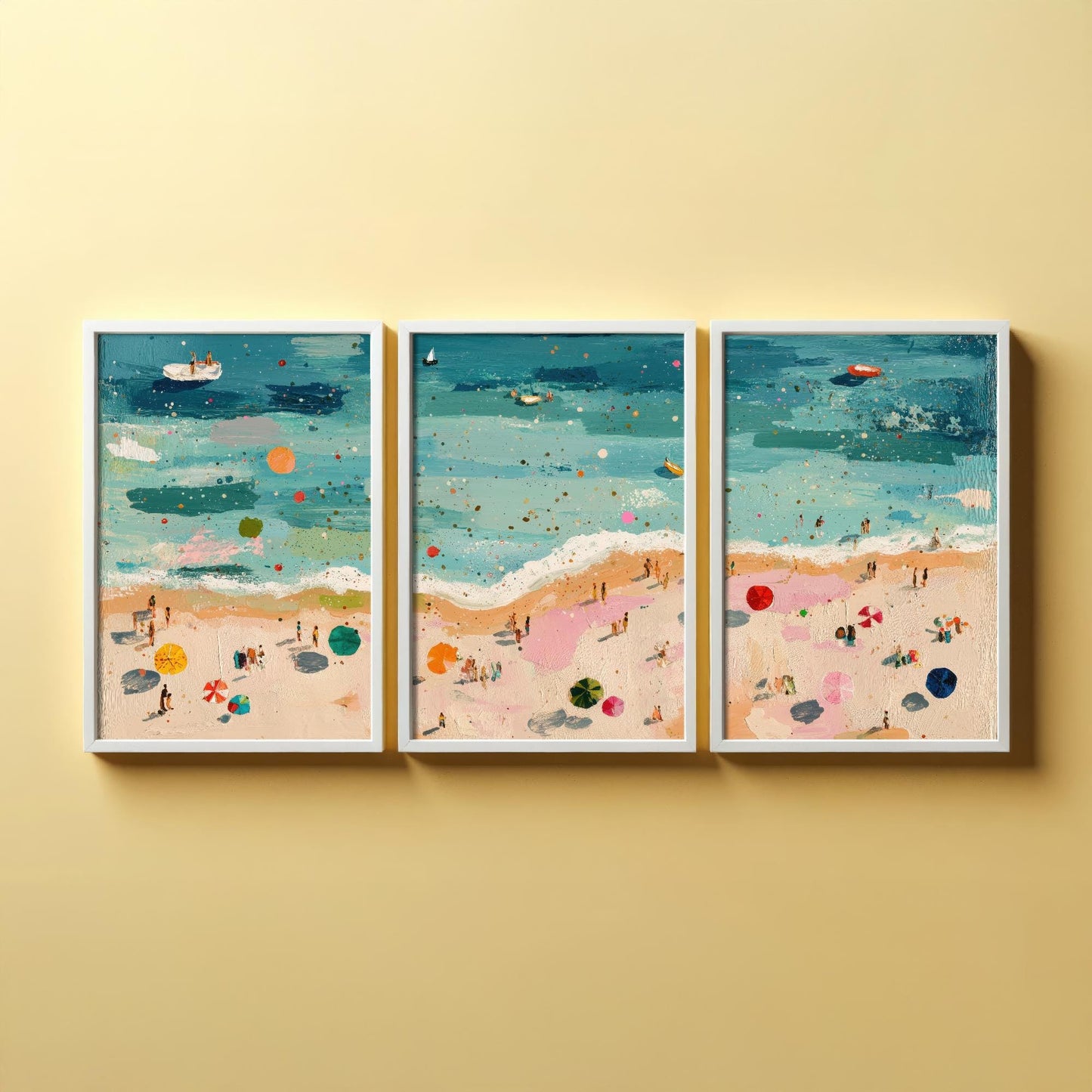 Aerial View of Great Yarmouth Beach Set of Three Posters - Populated Illustration of Ocean - 3 Art Prints Painting Sand Waves Hopton-on-Sea