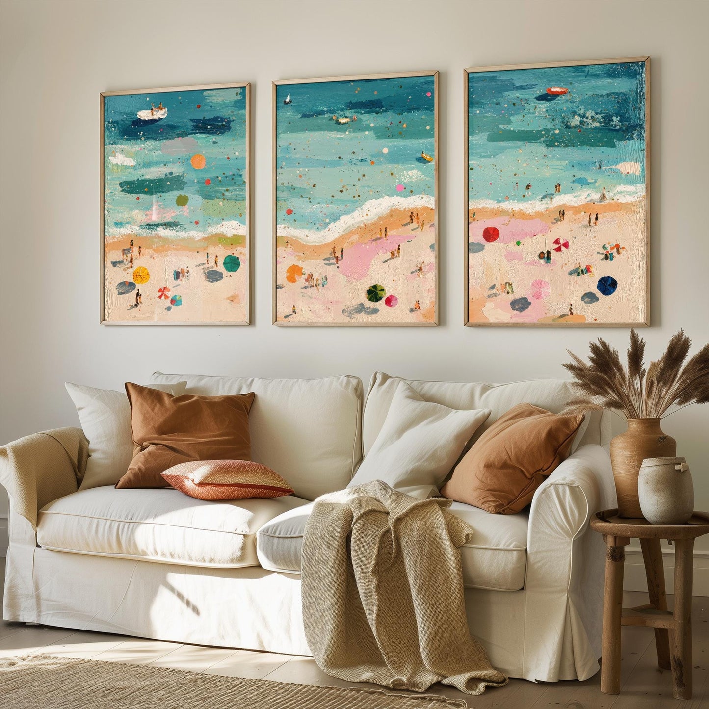 Aerial View of Great Yarmouth Beach Set of Three Posters - Populated Illustration of Ocean - 3 Art Prints Painting Sand Waves Hopton-on-Sea