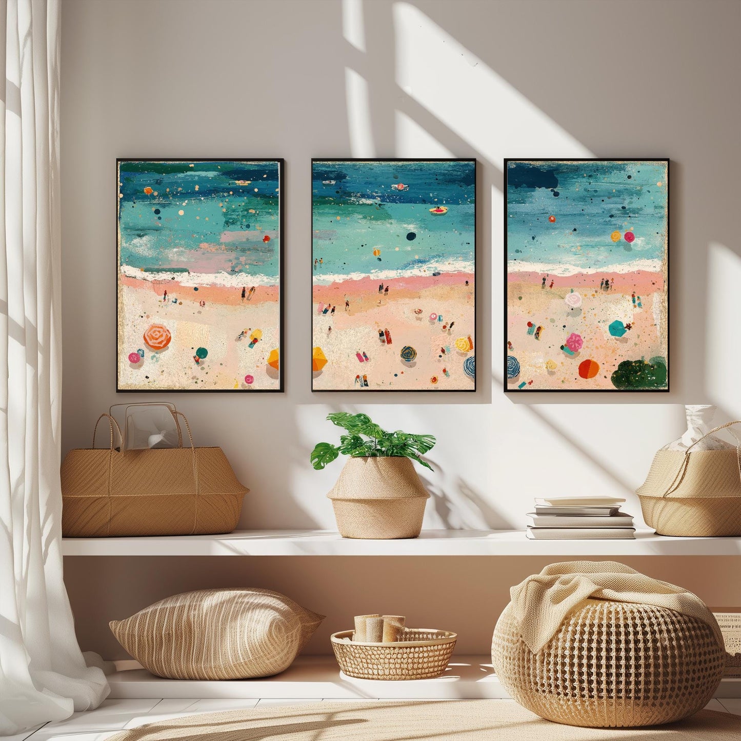 Aerial View of Weston-Super-Mare Beach Set of Three Posters - Populated Illustration of Ocean - 3 Art Prints Painting Sand Waves Mudflats