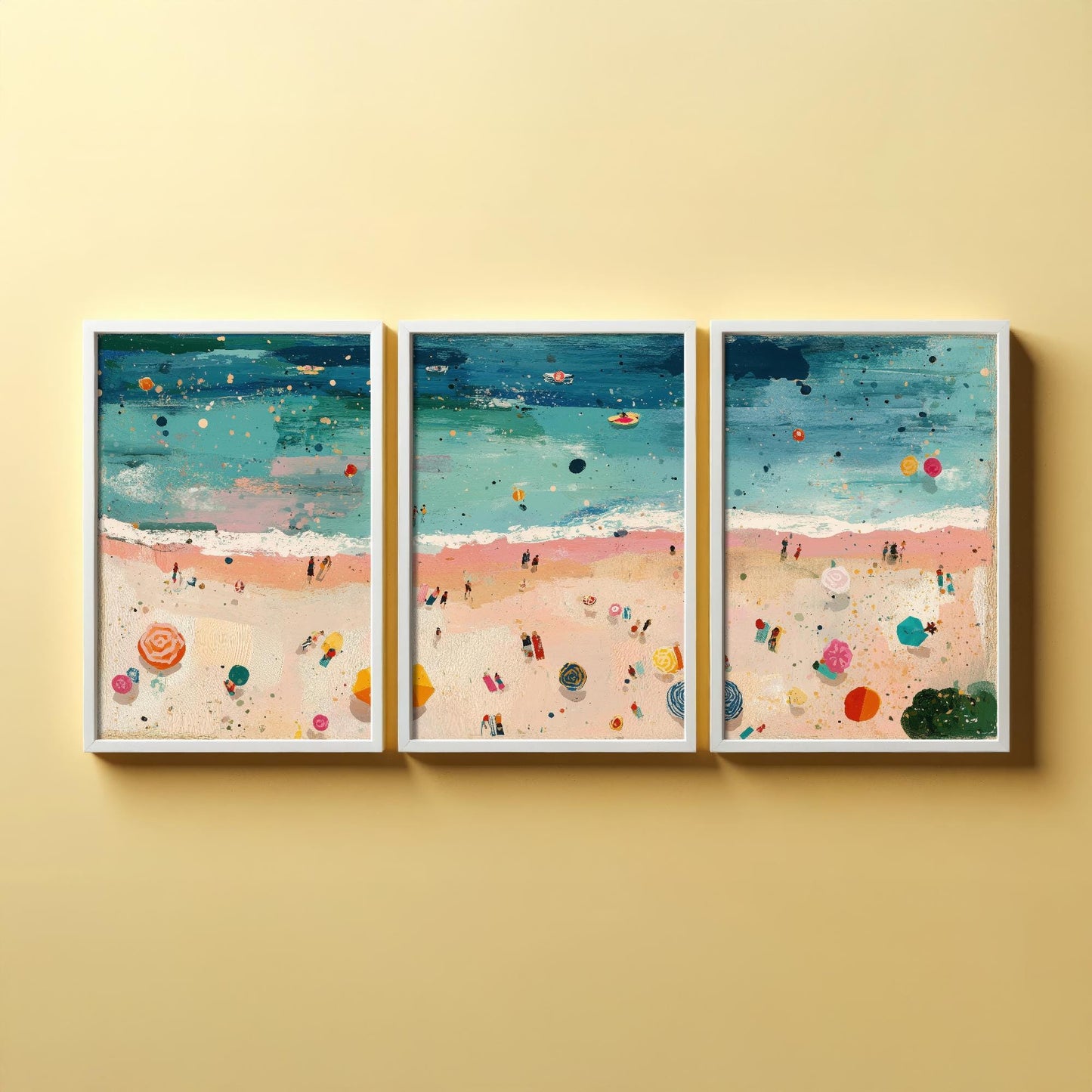 Aerial View of Weston-Super-Mare Beach Set of Three Posters - Populated Illustration of Ocean - 3 Art Prints Painting Sand Waves Mudflats