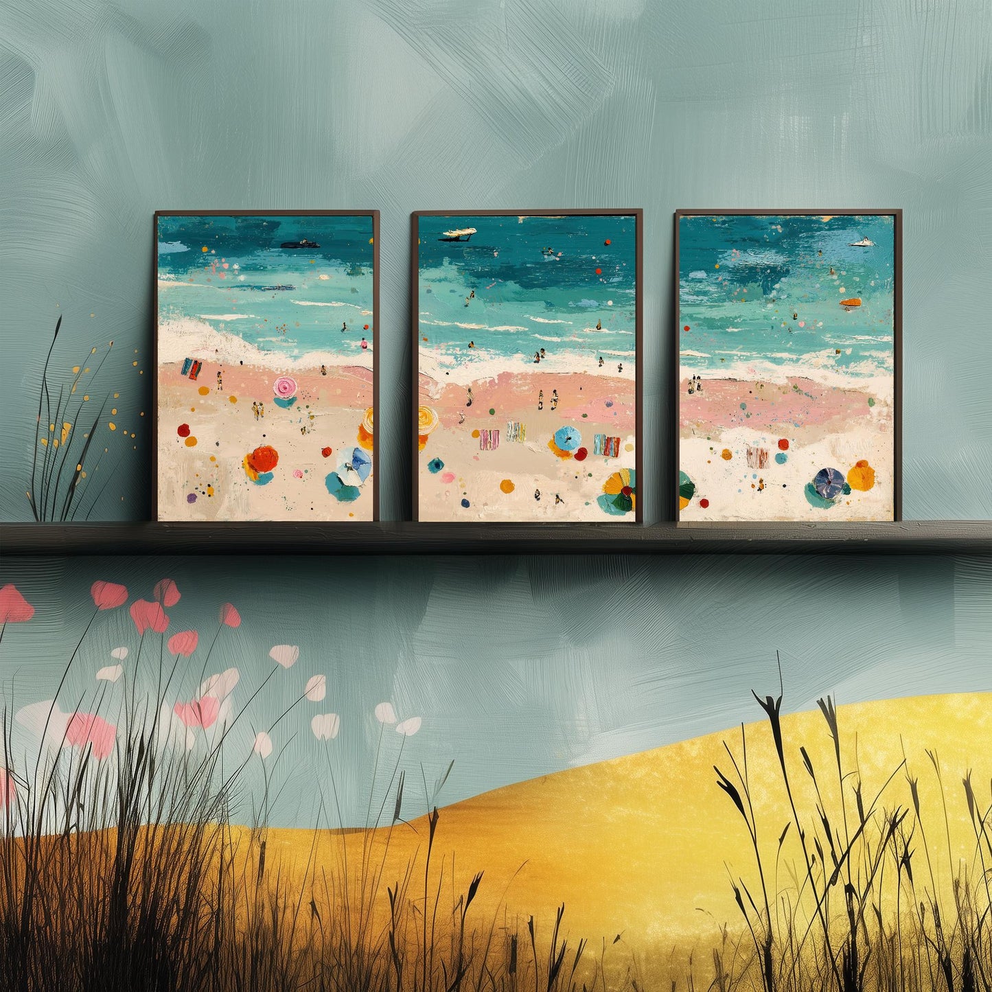Aerial View of Blackpool Beach Set of Three Posters - Populated Illustration of Ocean - 3 Art Prints Painting Sand Waves South Shore