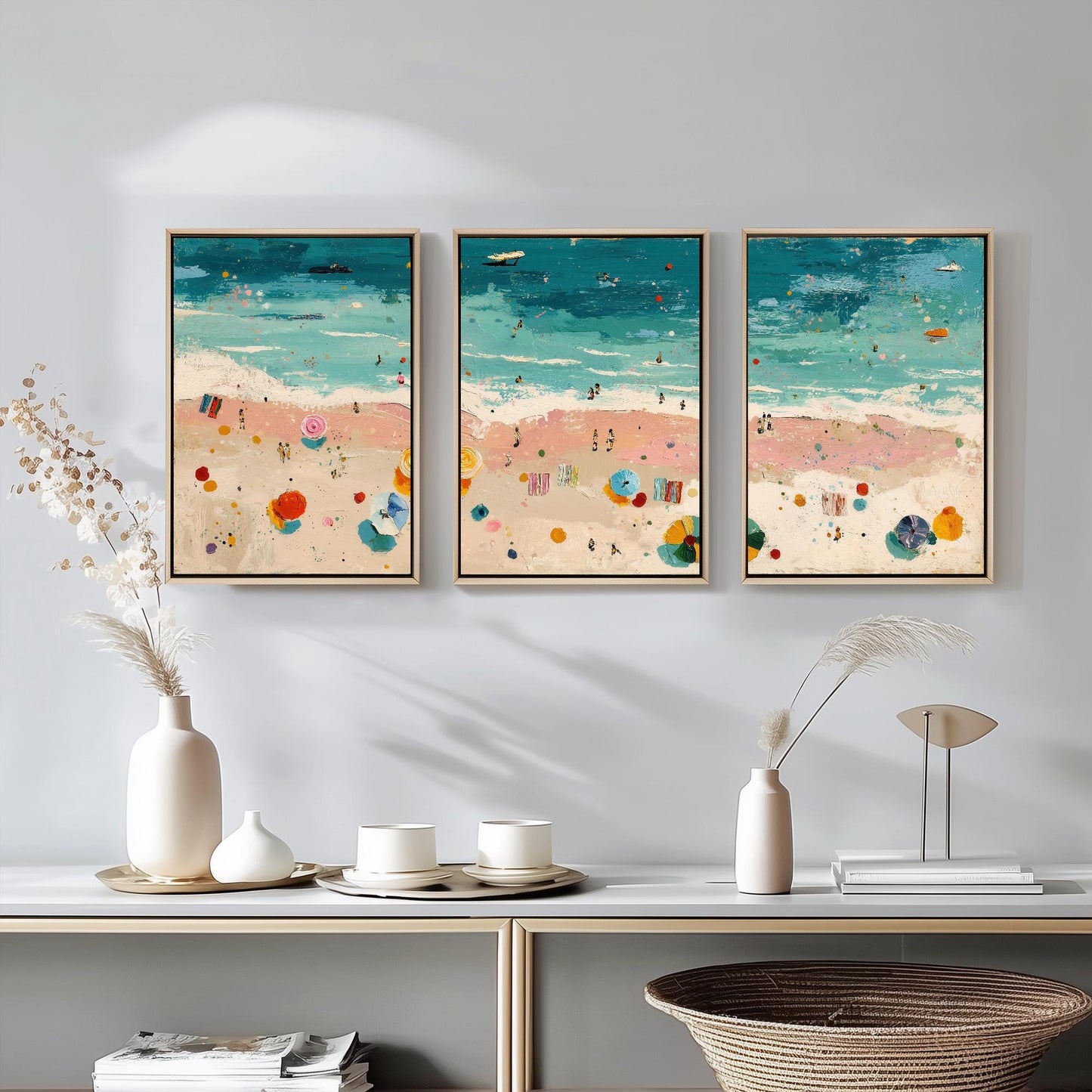Aerial View of Blackpool Beach Set of Three Posters - Populated Illustration of Ocean - 3 Art Prints Painting Sand Waves South Shore
