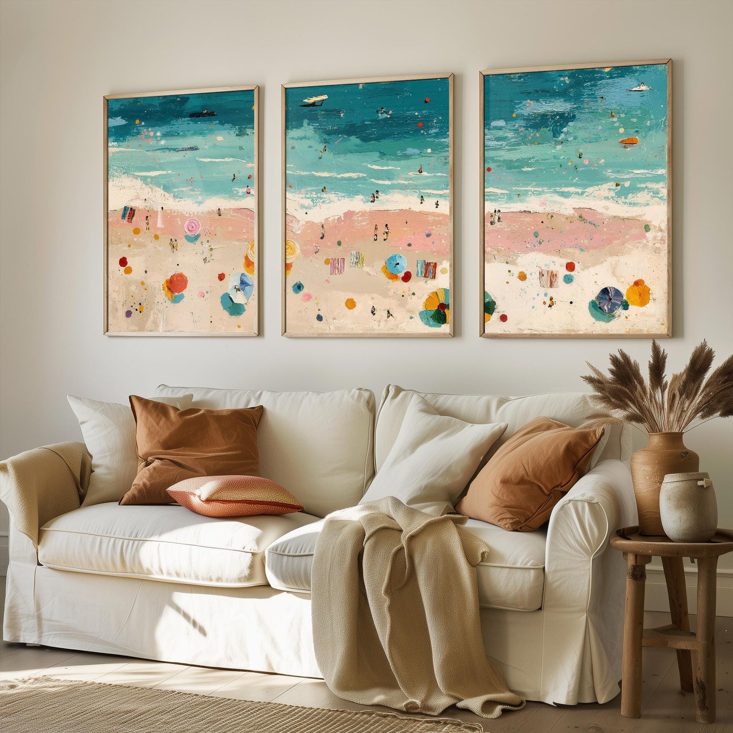 Aerial View of Blackpool Beach Set of Three Posters - Populated Illustration of Ocean - 3 Art Prints Painting Sand Waves South Shore
