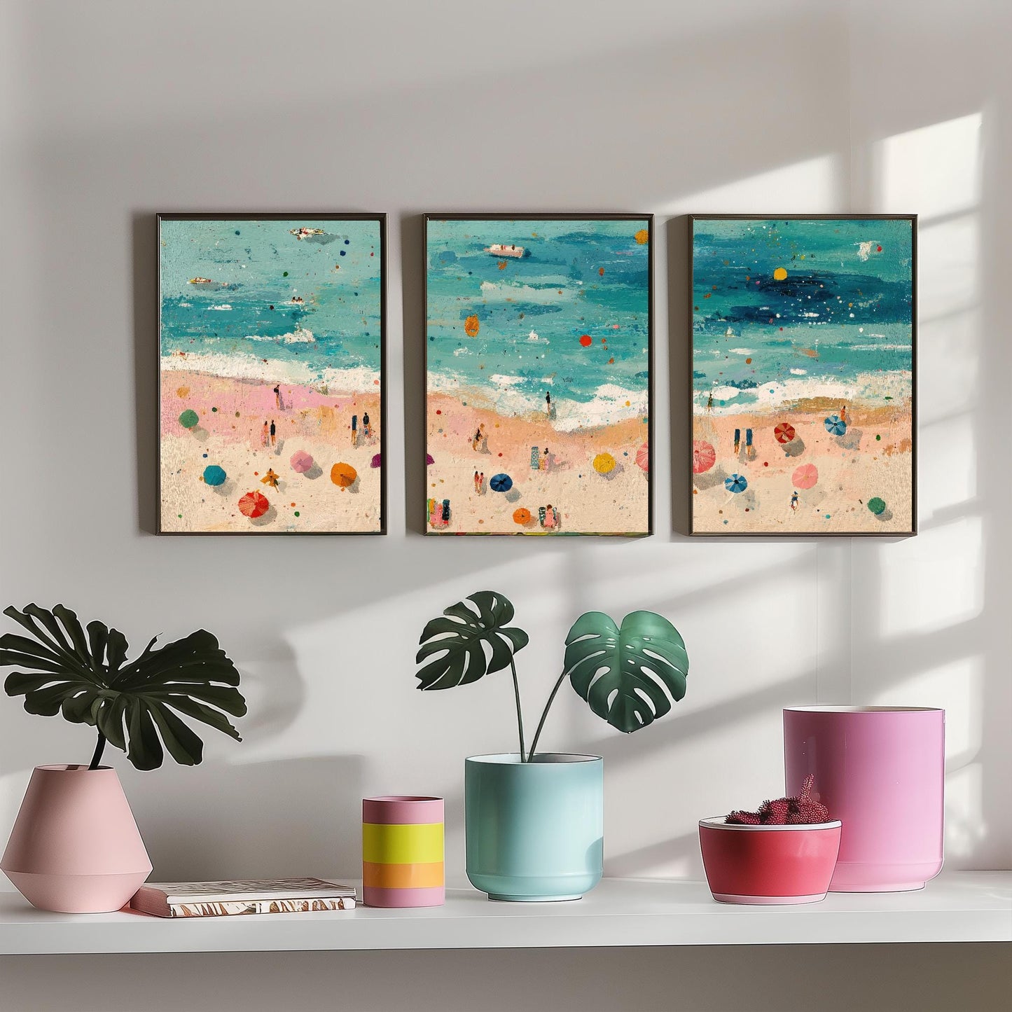 Aerial View of Scarborough South Bay Beach Set of Three Posters - Populated Illustration of Ocean - 3 Art Prints Painting Sand Waves