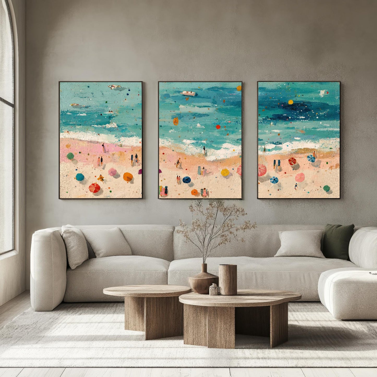 Aerial View of Scarborough South Bay Beach Set of Three Posters - Populated Illustration of Ocean - 3 Art Prints Painting Sand Waves