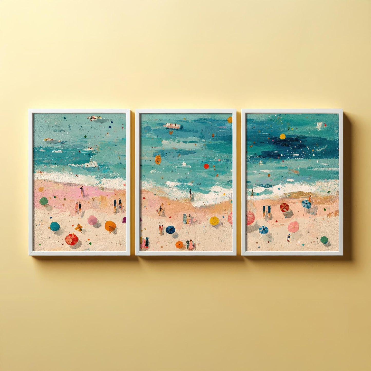 Aerial View of Scarborough South Bay Beach Set of Three Posters - Populated Illustration of Ocean - 3 Art Prints Painting Sand Waves