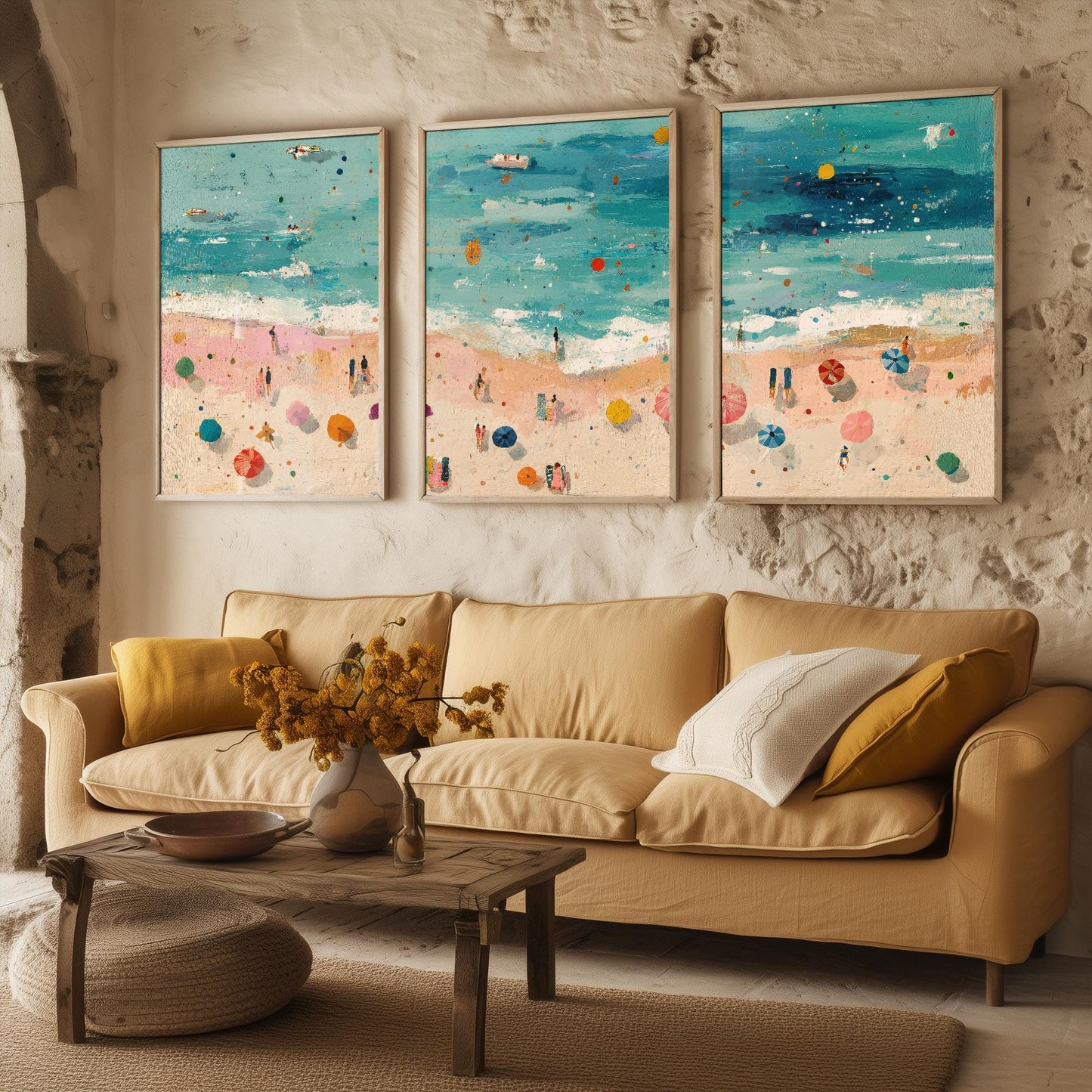 Aerial View of Scarborough South Bay Beach Set of Three Posters - Populated Illustration of Ocean - 3 Art Prints Painting Sand Waves