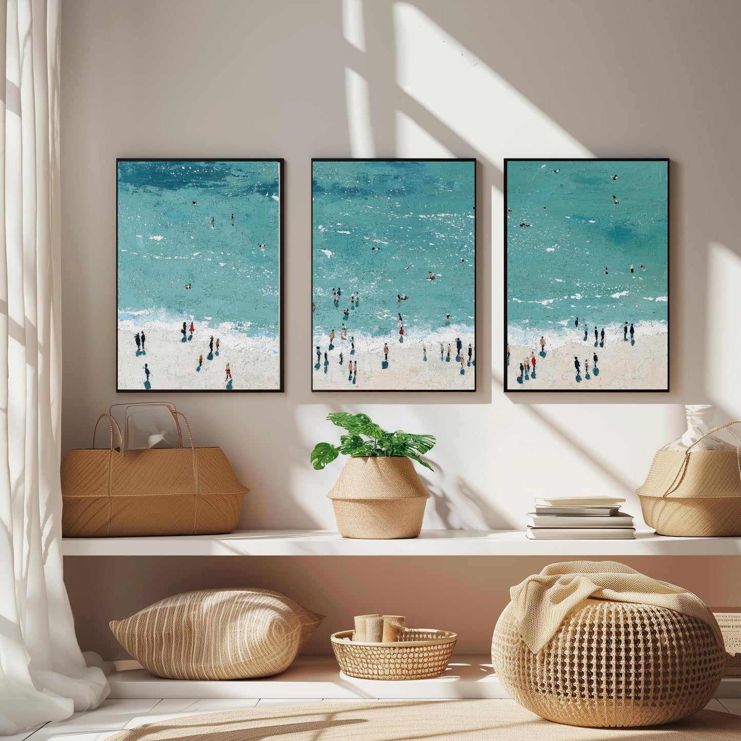 Aerial View of Rhossili Bay Beach Set of Three Posters - Populated Illustration of Ocean - 3 Art Prints Painting Sand Waves Gower Peninsula