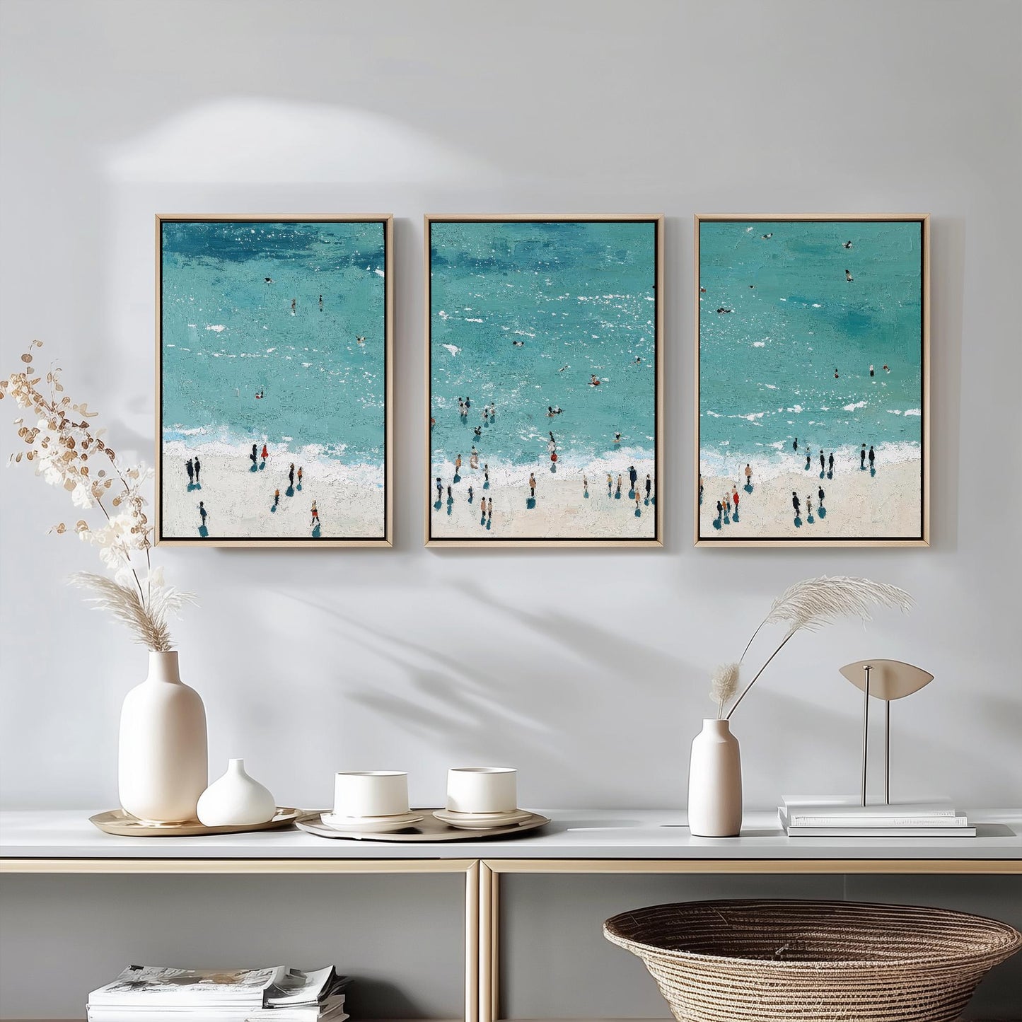 Aerial View of Rhossili Bay Beach Set of Three Posters - Populated Illustration of Ocean - 3 Art Prints Painting Sand Waves Gower Peninsula