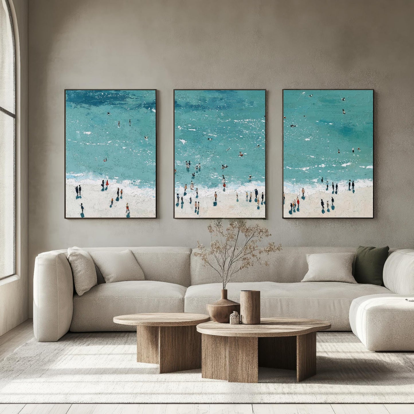 Aerial View of Rhossili Bay Beach Set of Three Posters - Populated Illustration of Ocean - 3 Art Prints Painting Sand Waves Gower Peninsula