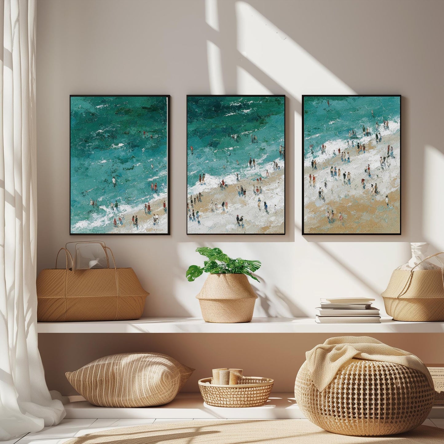 Aerial View of Woolacombe Beach Set of Three Posters - Populated Illustration of Ocean - 3 Art Prints Painting Sand Waves North Devon Coast