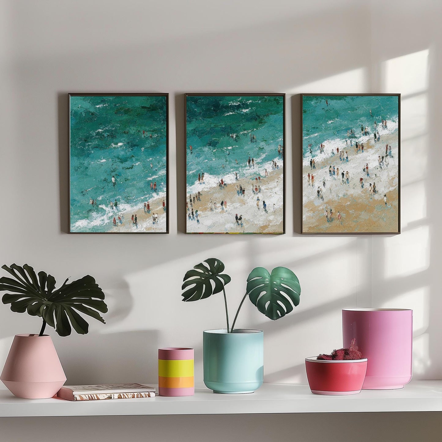 Aerial View of Woolacombe Beach Set of Three Posters - Populated Illustration of Ocean - 3 Art Prints Painting Sand Waves North Devon Coast